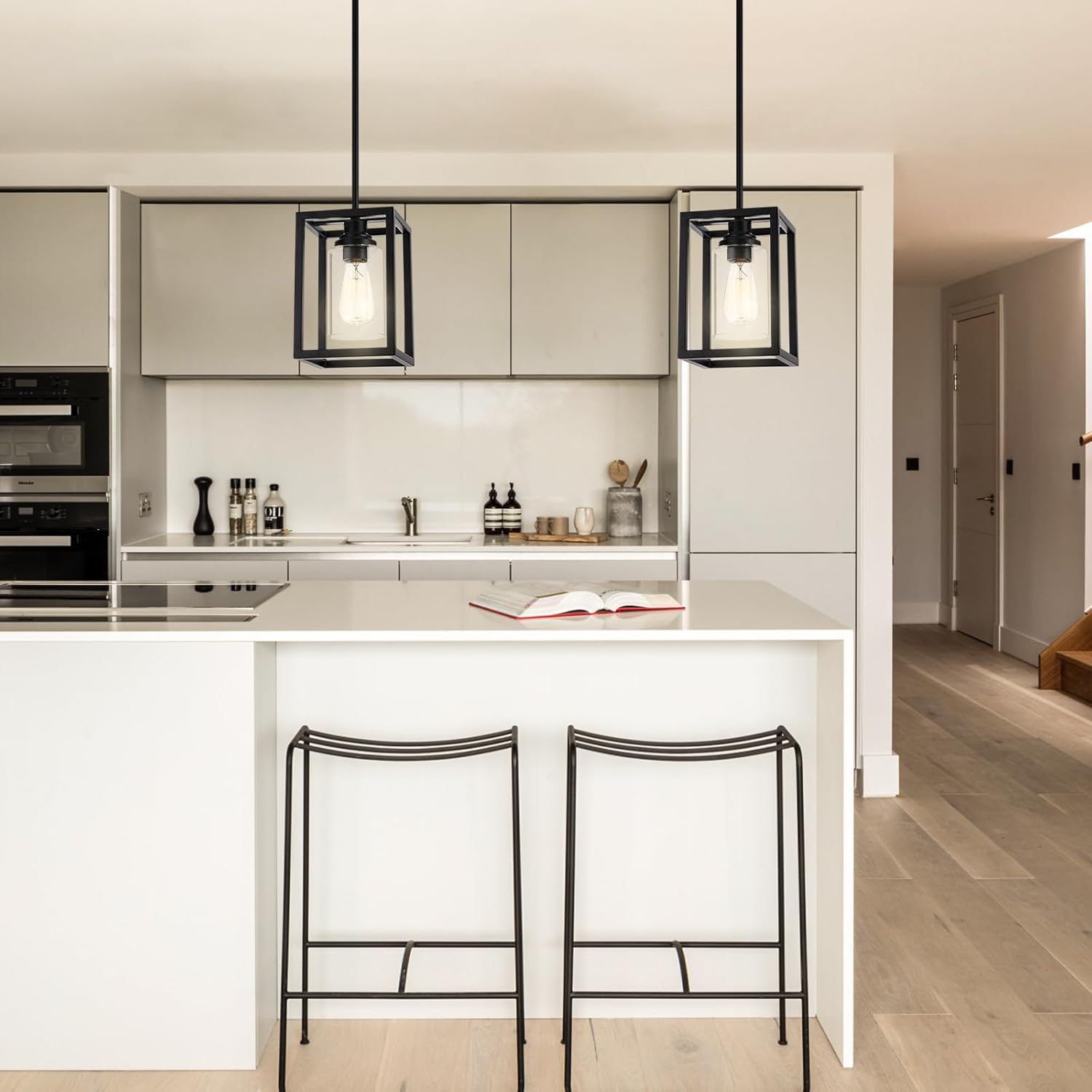 Matte Black Farmhouse Pendant Light Fixtures, Industrial Kitchen Island Light, Rectangle Linear Metal Hanging Lighting Fixture Ceiling Mount with Clear Glass Shade E26 Base for Dining Room, 2 Pack