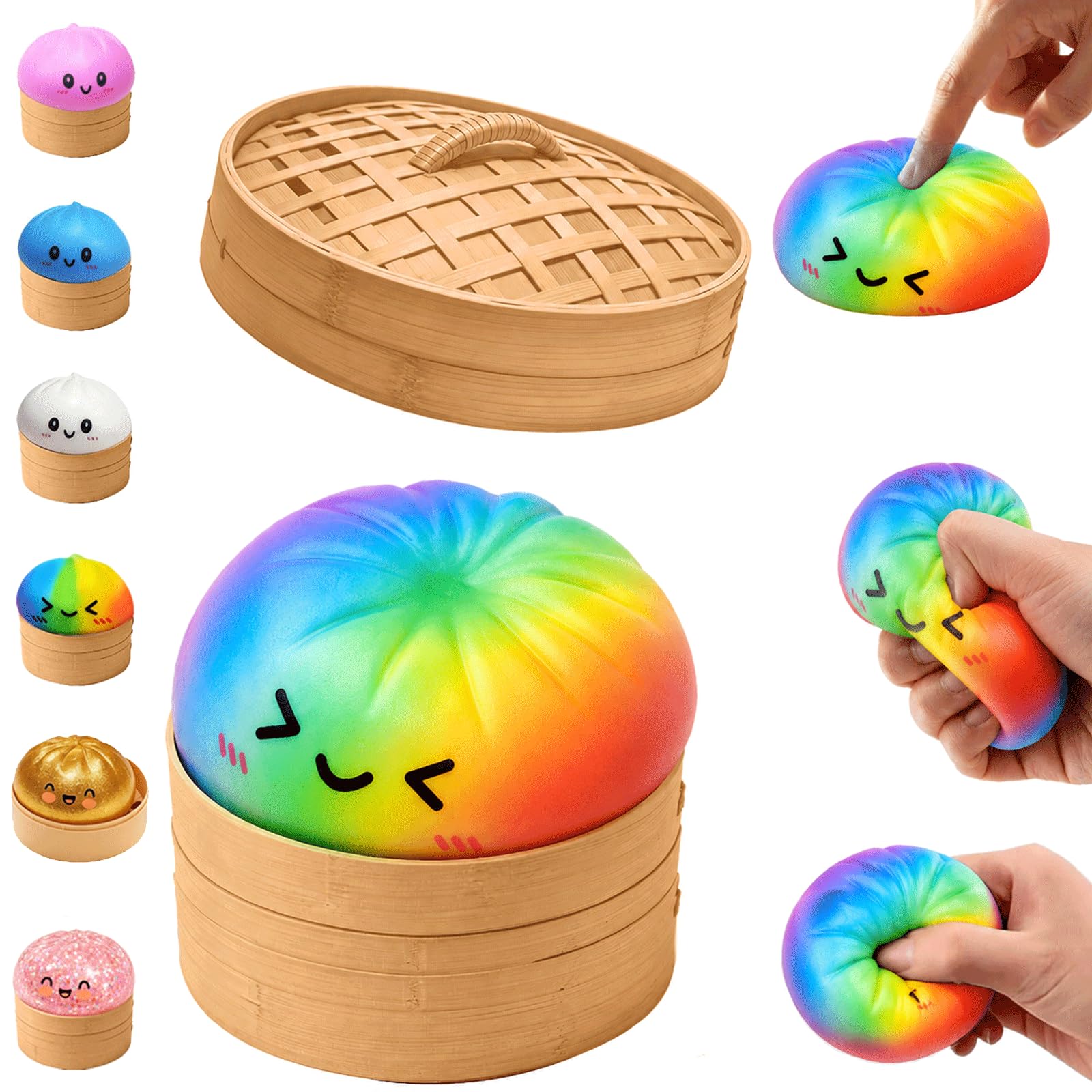 Rainbow Dumpling Squishy, Big Mystery Dumplings Squishies Box, Cute Bao Bun Fidget Real Office Desk Decor, Soft Sensory Squeeze Ball with Steamer for Anxiety Stress Relief, Surprise Gift (Rainbow)