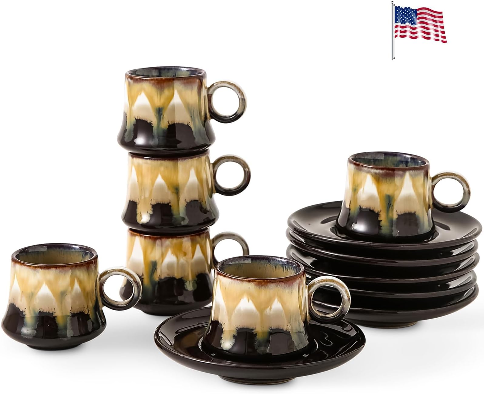 Espresso Cup and Saucer Set of 6 for Espresso Cappuccino Latte Americano Tea Turkish Coffee 3oz Porcelain Demitasse Cup Microwave Dishwasher Safe Unique Finish Coffee Cup Gift