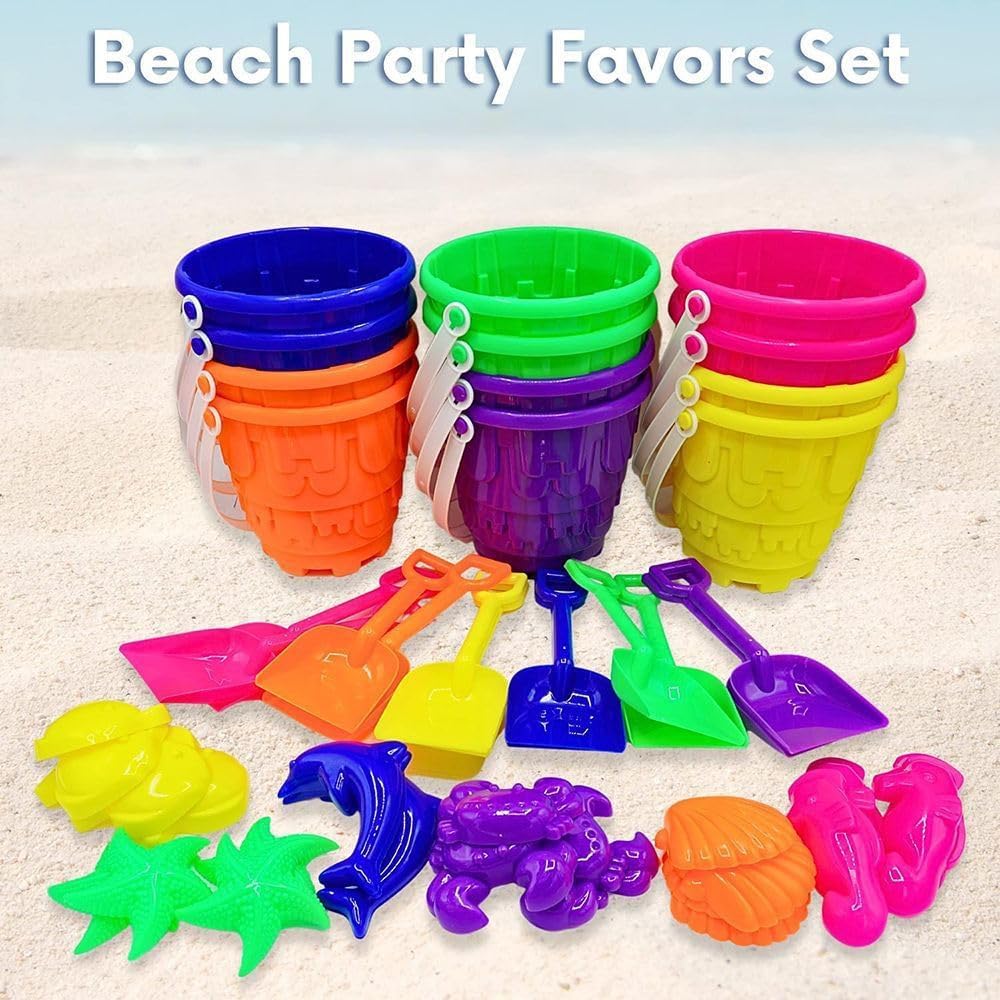 4E's Novelty 12 Sets Beach Toys - Includes 12 Sand Buckets, 12 Shovels, 24 Sand Molds for Kids - Small 5.75" Beach Buckets Bulk, Summer Party Favors, Easter Basket Stuffers, Student Gifts