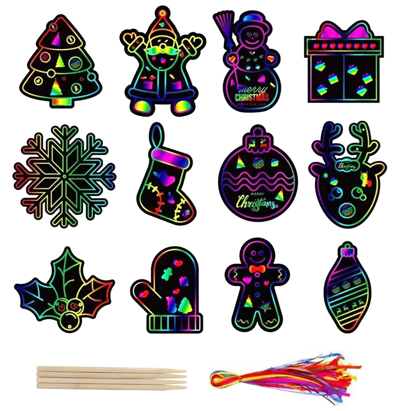 FACHOI Christmas Scratch Crafts Art for Kids, Christmas Tree Snowman Reindeer Scratch Cards Hanging Ornament for Kids Party Favors F6-SDGGH (Raibow-A)