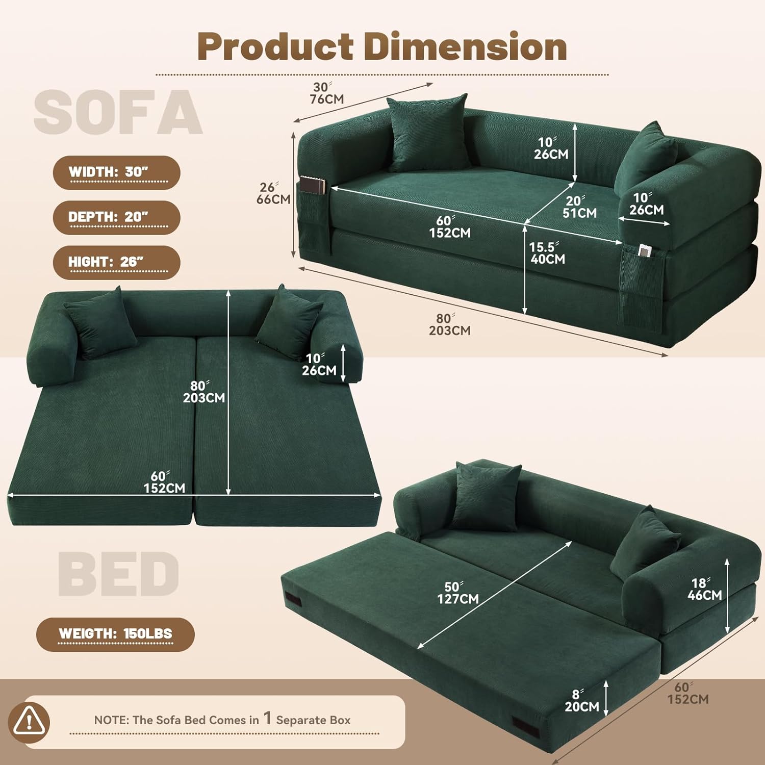 80 Inch Convertible Sofa Bed,Folding Pull Out Couch with Pillows & Storage Pocket,Corduroy Queen Sleeper Sofa in a Box,No Assembly Boneless Couch for Living Room,Deep Green