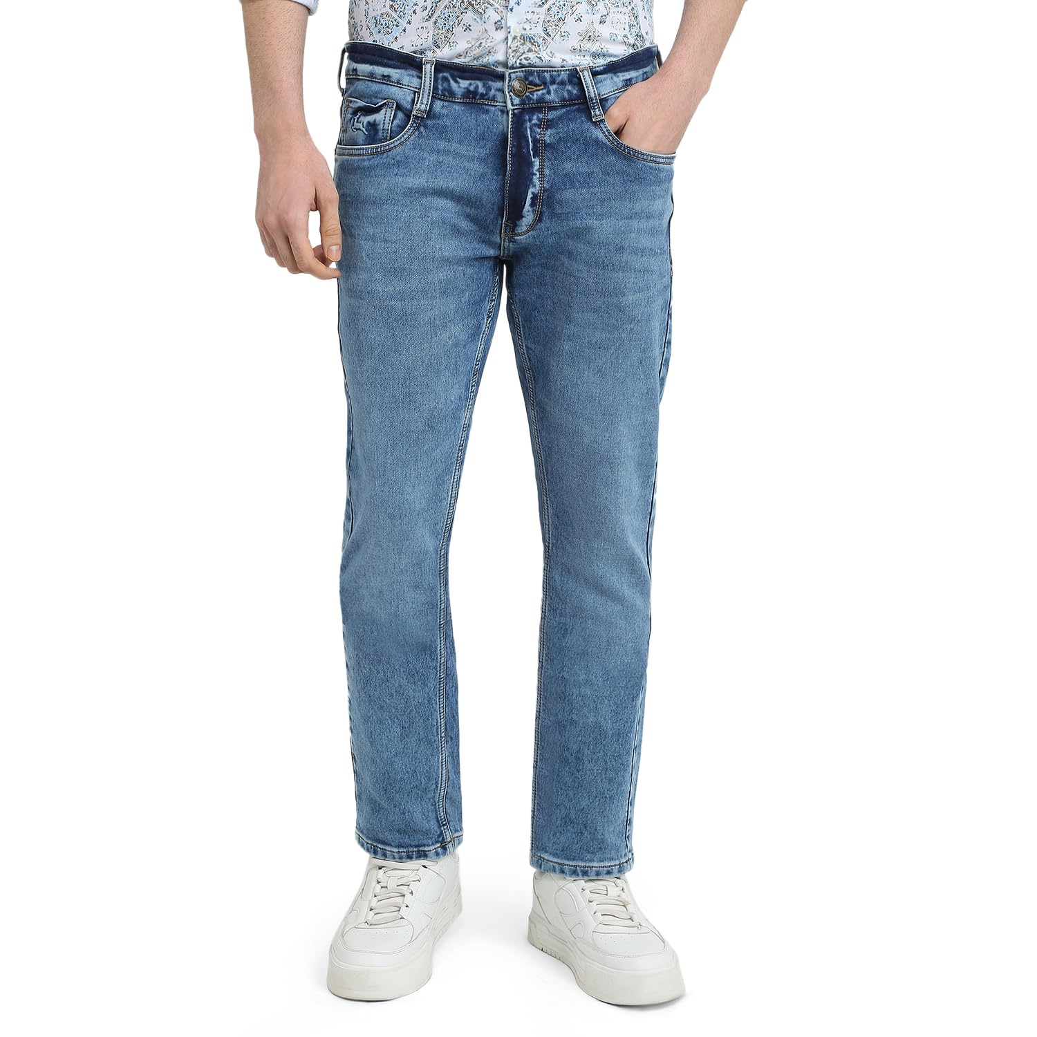 Men Low Rise Tapered Fit Knitted Pattern Cotton Polyester Blend Flat Front Jeans-image-20