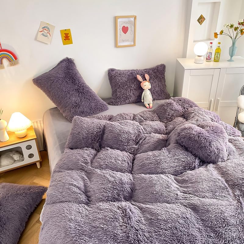 Miniatura 3 de Roscloud Juego de edredón de piel sintética color morado colorido tamaño King, juego de cama de 3 piezas, ultra cálido, suave, agradable a la piel,