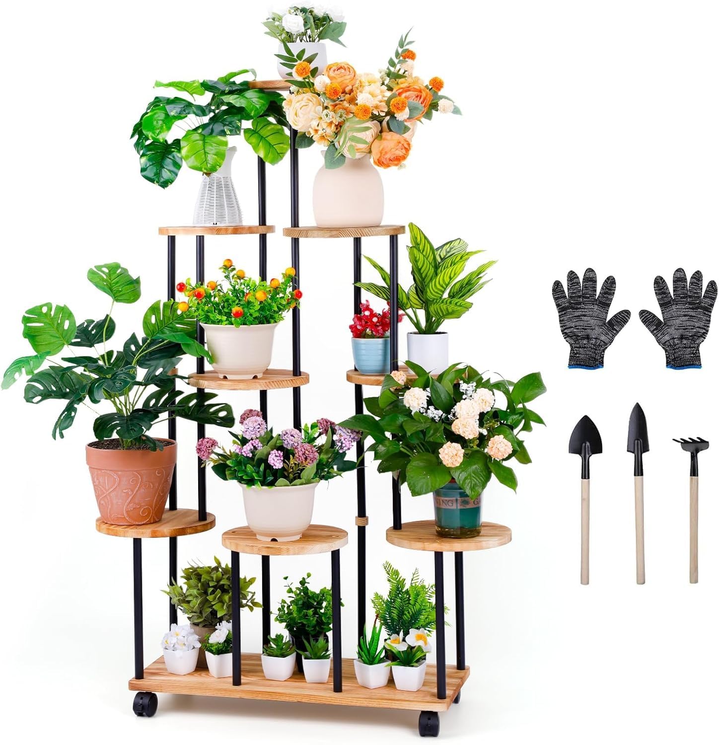 Blumenständer mit Rollen 9 Etagen Pflanzenregal Holz Pflanzentreppe Hoch Blumentreppen Metall Blumentreppe Indoor Blumenregal Innenbereich für Balkon Wohnzimmer Terrassen Wohnung