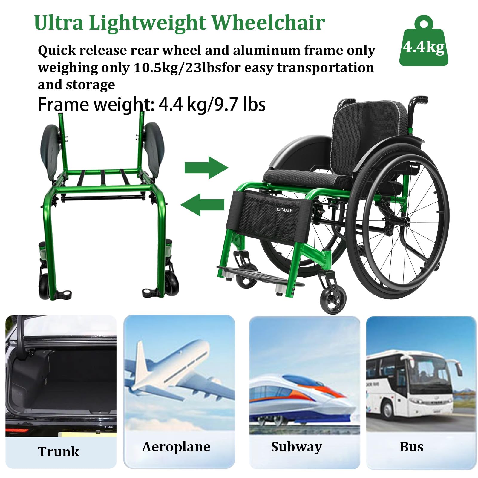 Ultralekki wózek inwalidzki, lekki wózek podróżny, samobieżny, aluminiowy, transportowy wózek inwalidzki do mieszkania i w podróży (40 cm, zielony)