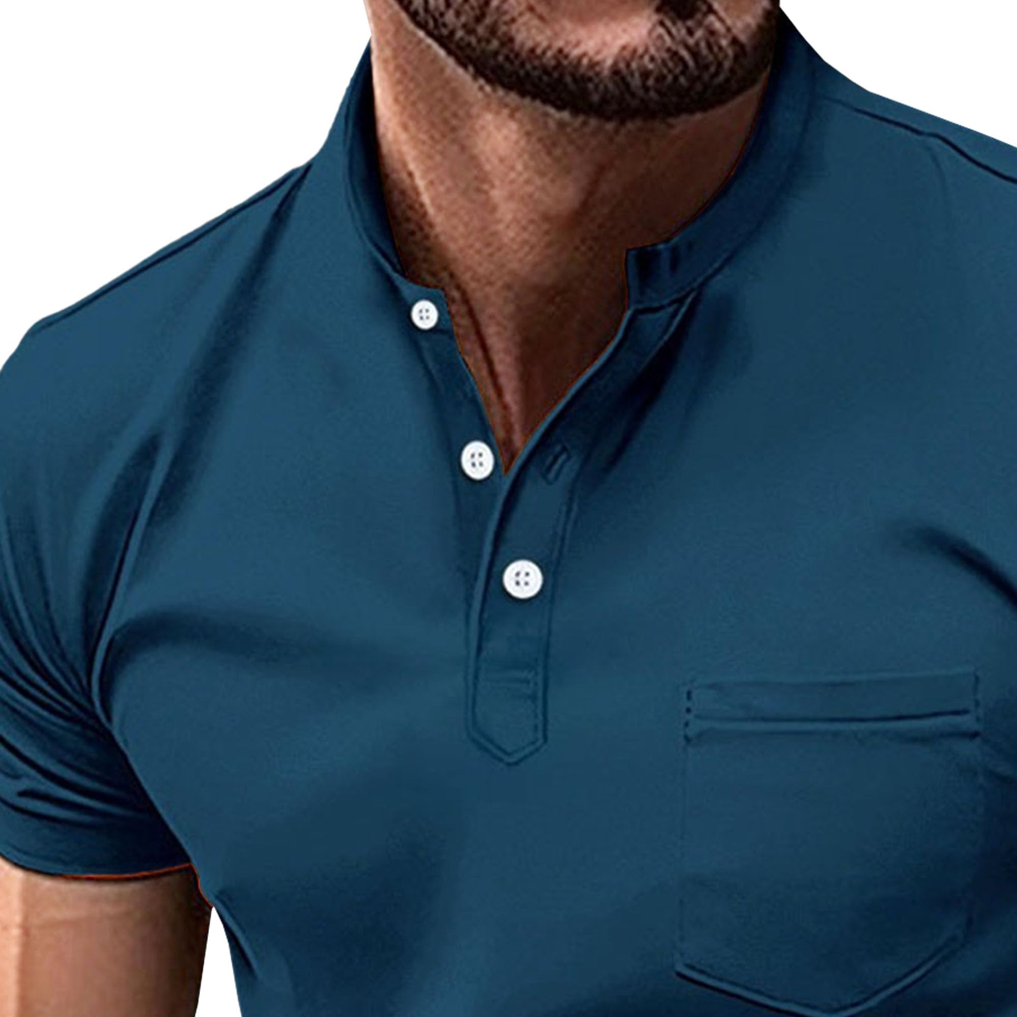 Men Stand Collar Slim Pocket T-Shirt Classic Button Short Sleeve Solid Tops Summer Cozy Breathable Sport Shirt (Blue,Large)