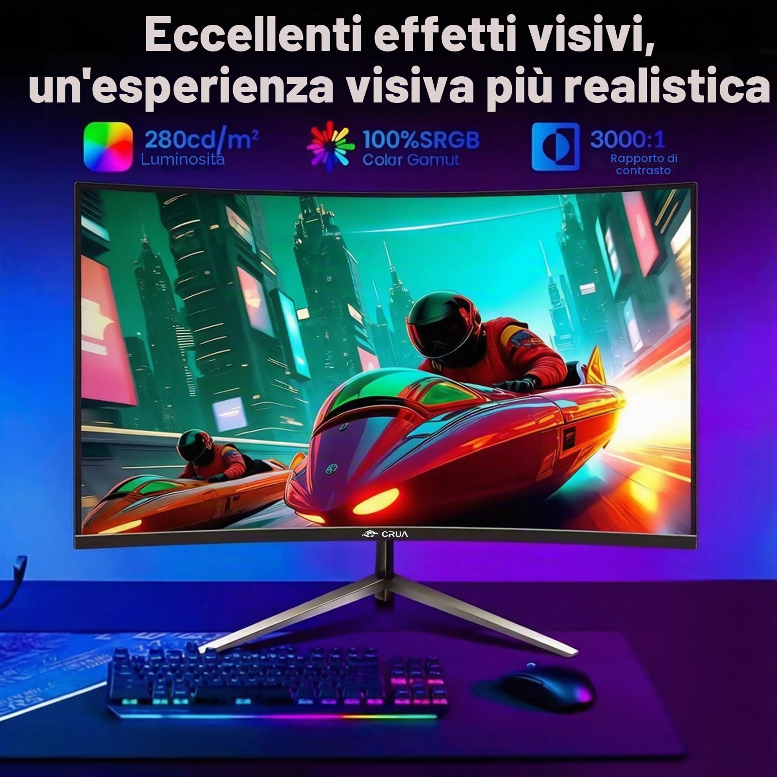 CRUA Monitor da gaming curvo da 27 pollici 144Hz/200Hz, monitor per computer FHD 1920 * 1080P 1800R senza cornice, 1ms GTG con FreeSync, Low Motion Blur, Eye Care, VESA100*100, DisplayPort, HDMI, Nero