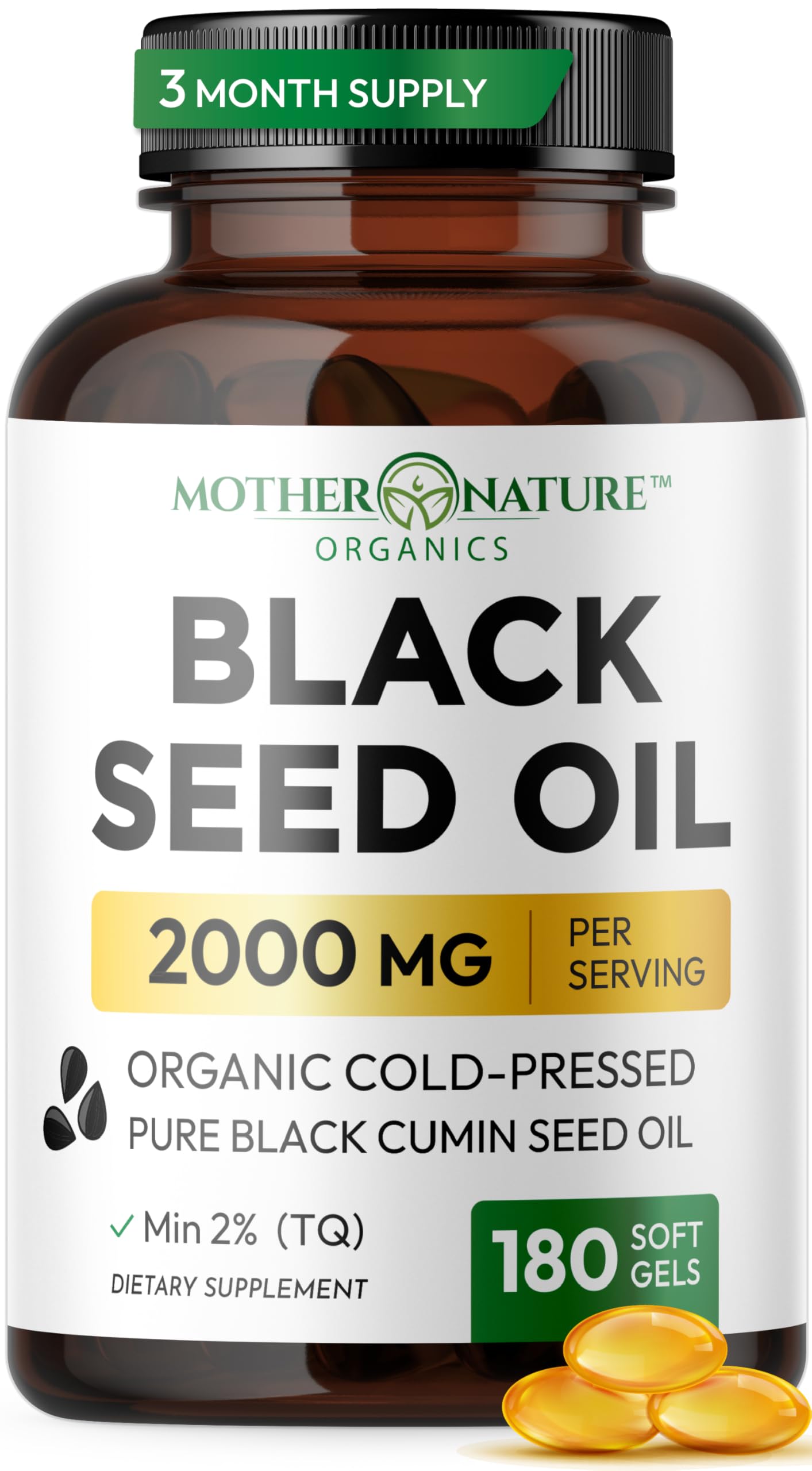 Black Seed Oil Capsules – Organic Cold Pressed Nigella Sativa, High TQ Turkish Black Cumin Oil, 3 Month Supply, 2000mg per Serving, 180 Softgels