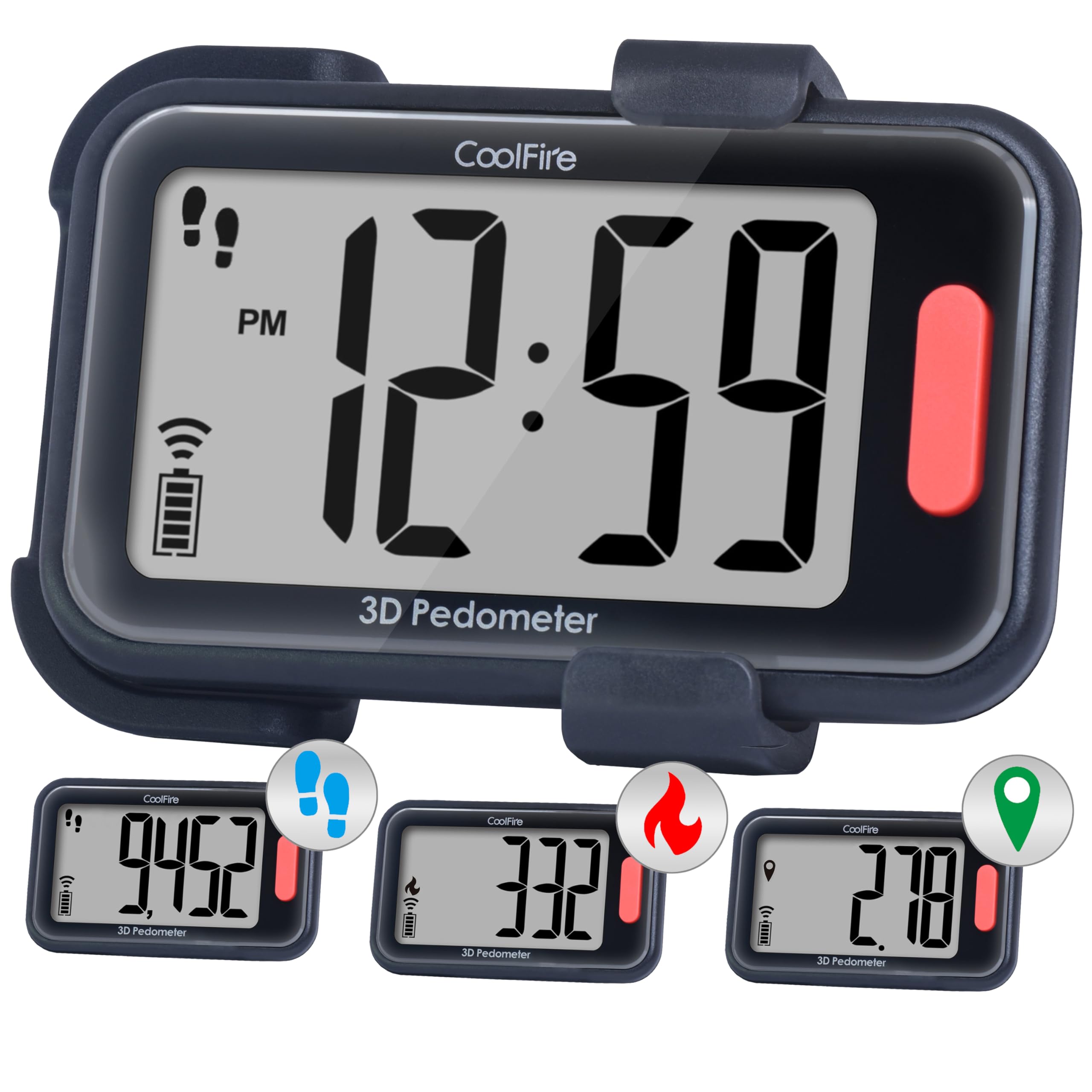 CoolFire - Pedometer, 2025 Indoor & Outdoor 3D Clip-On Pedometer, Accurate Step Counter for Walking Steps and Miles, Calories, Ankle Step Tracker for Fitness, Optional App