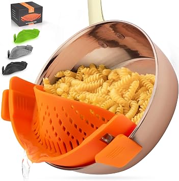 Zulay Silicone Pot Strainer - Adjustable Snap On Strainer For Most Pans & Pots - Food Grade, Heat Resistant, Colander For Draining Pasta, Fruits & Vegetables Orange