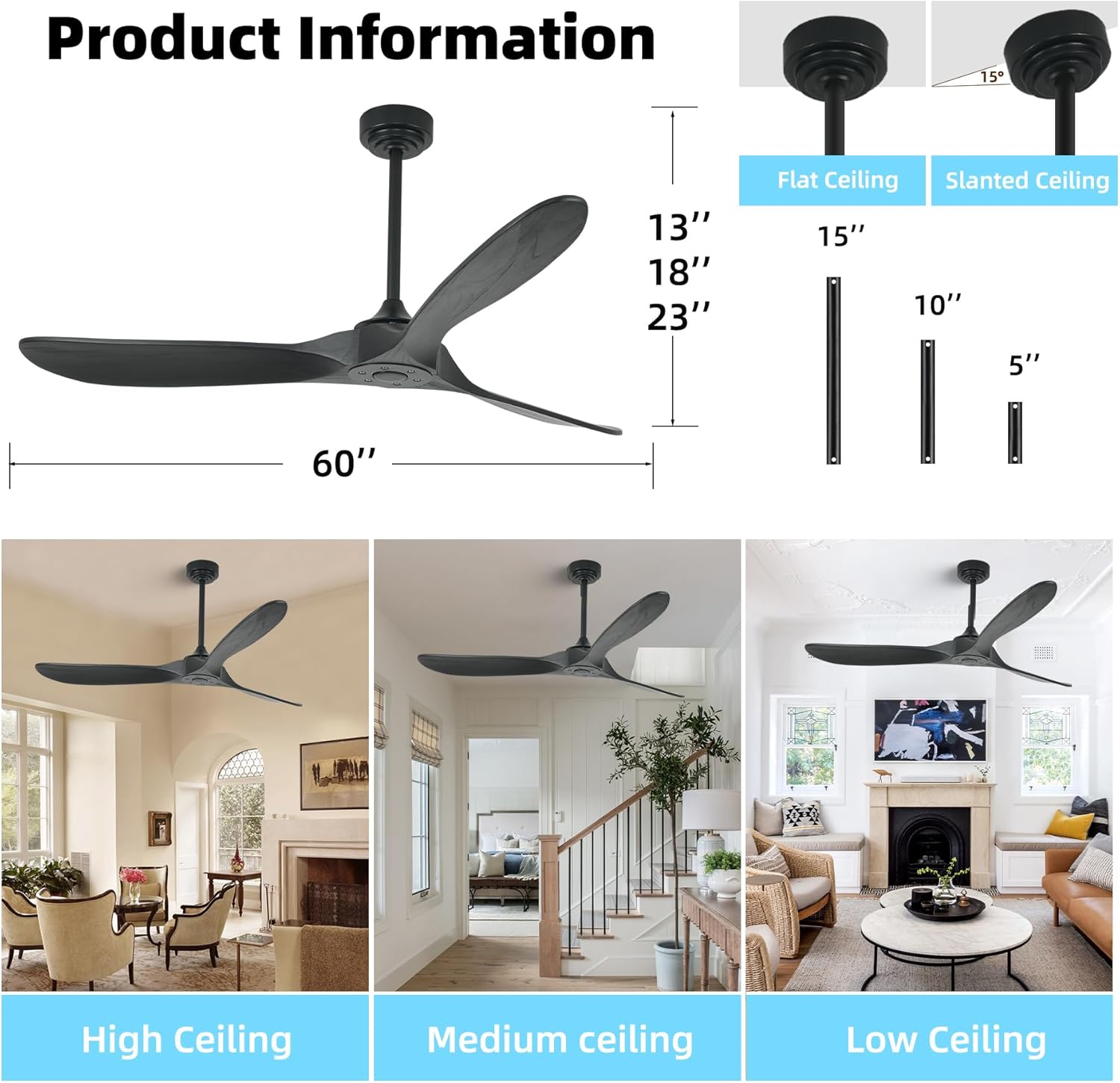 Outdoor Ceiling Fan Without Light, 60 Inch Smart Ceiling Fan with Remote & Voice Control for Alexa/Google, 3-Blade Wood Fan, Quiet DC Motor, 6 Speeds for Patio, Porch, Farmhouse, Black