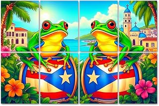 8 Pack Art Acoustic Panels Sound Absorbing Puerto Rico Coqui Frog Frogs Rican Flag Tropical Plants Beach Decorative Soundproof Wall Panels Self Adhesive for Recording Studios Office 48"x32"
