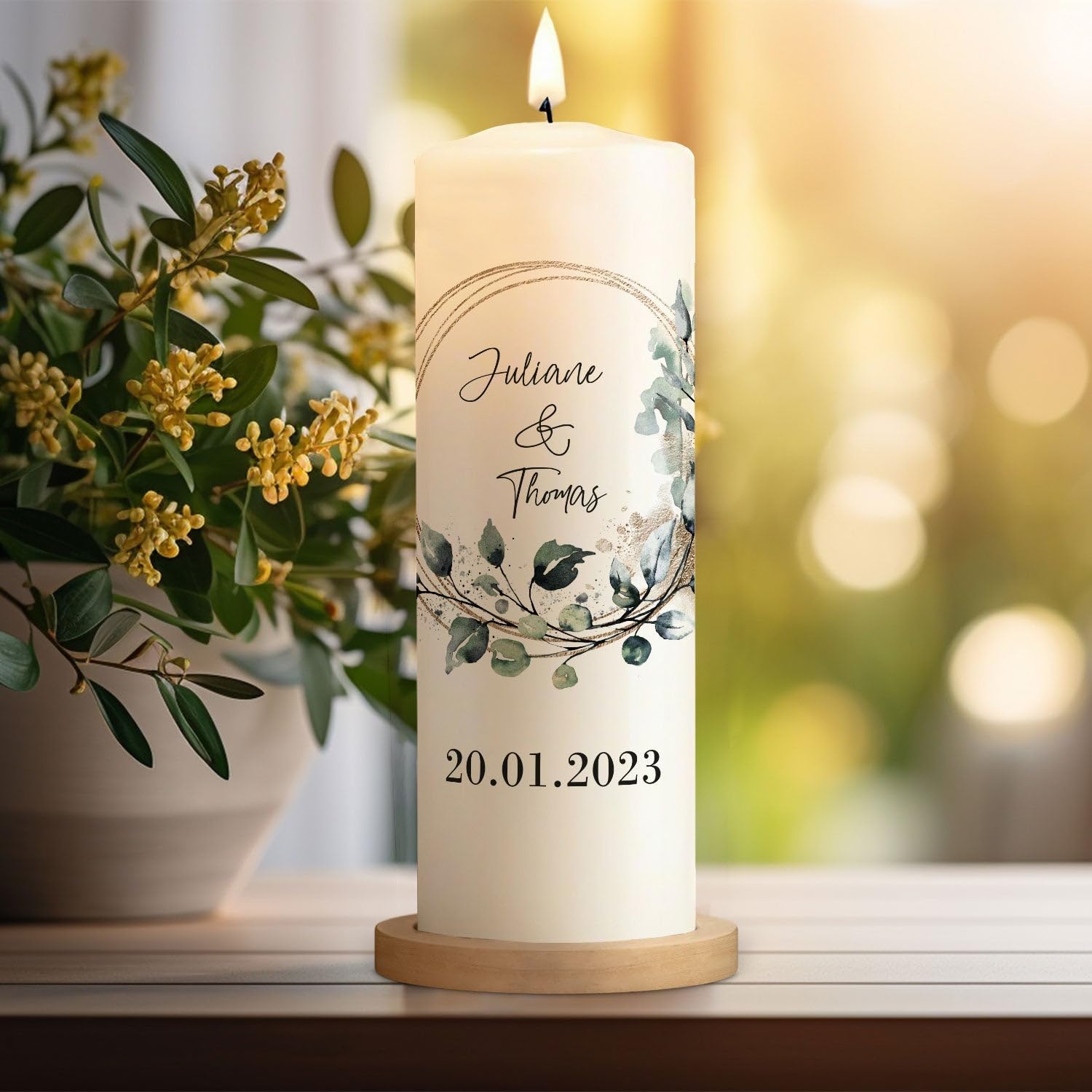 GRAVURZEILE Candela Stampata - Cerchio Floreale - Personalizzata Con Nome e Data per Nozze - Regalo per Sposi - Pilastro di Alta Qualità 250/80 mm - Bianco