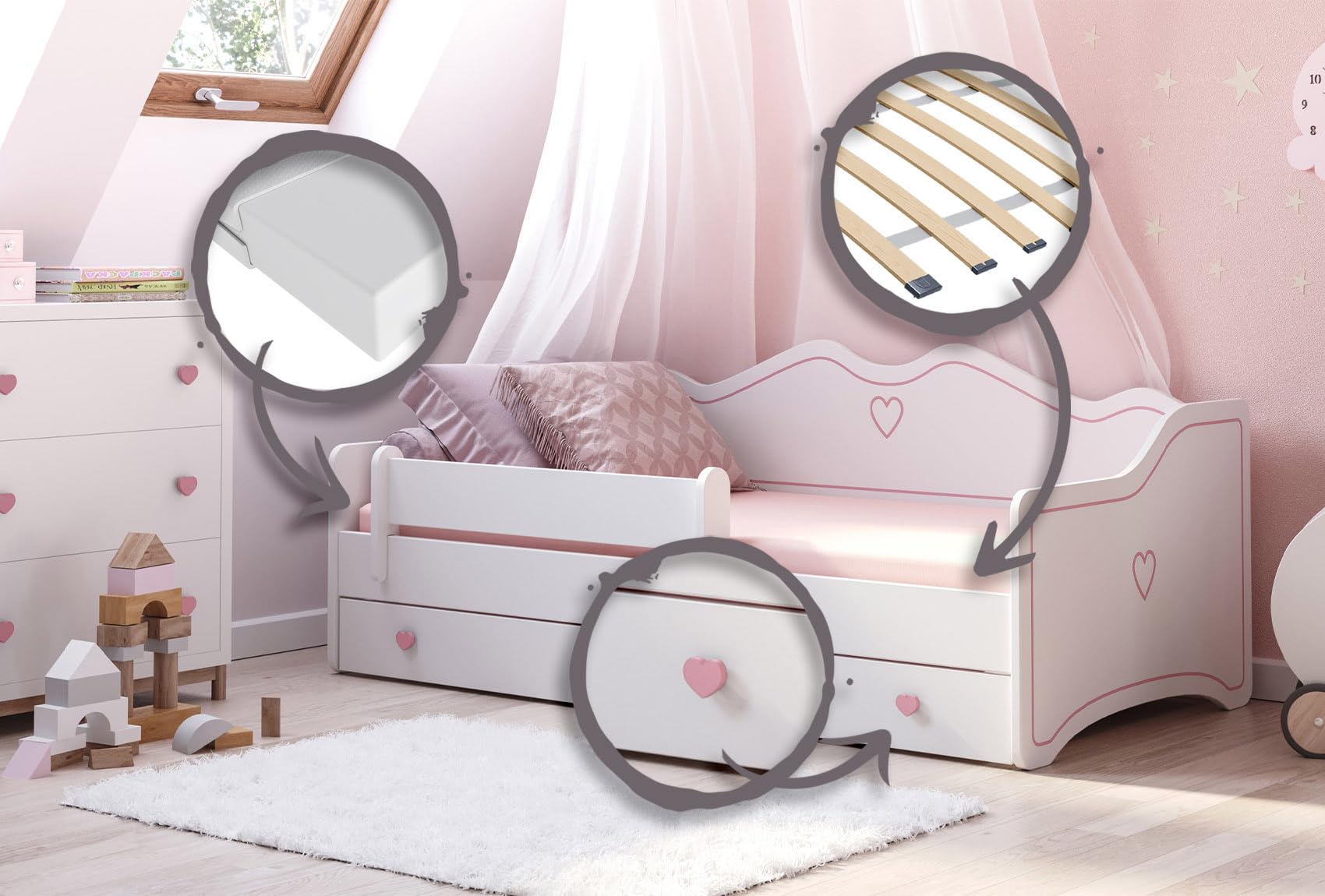 KOBI Cama Infantil Emma | 160 x 80 cm | Con Barrera, Colchón y Cajón de Almacenamiento | Para Niños y Niñas | Blanco Gris Rosa