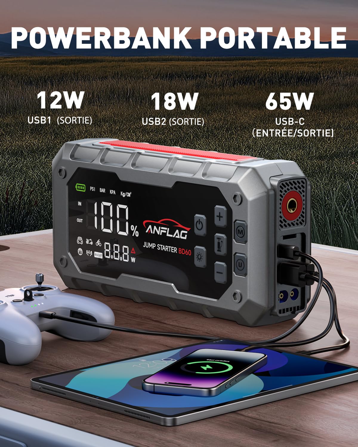 8000A Booster Batterie Voiture avec Gonfleur 160PSI, 26800mAh Démarreur Batterie avec PD65W Charge Rapide et LED, 12V Booster Voiture Puissant, Bloc d'alimentation avec compresseur