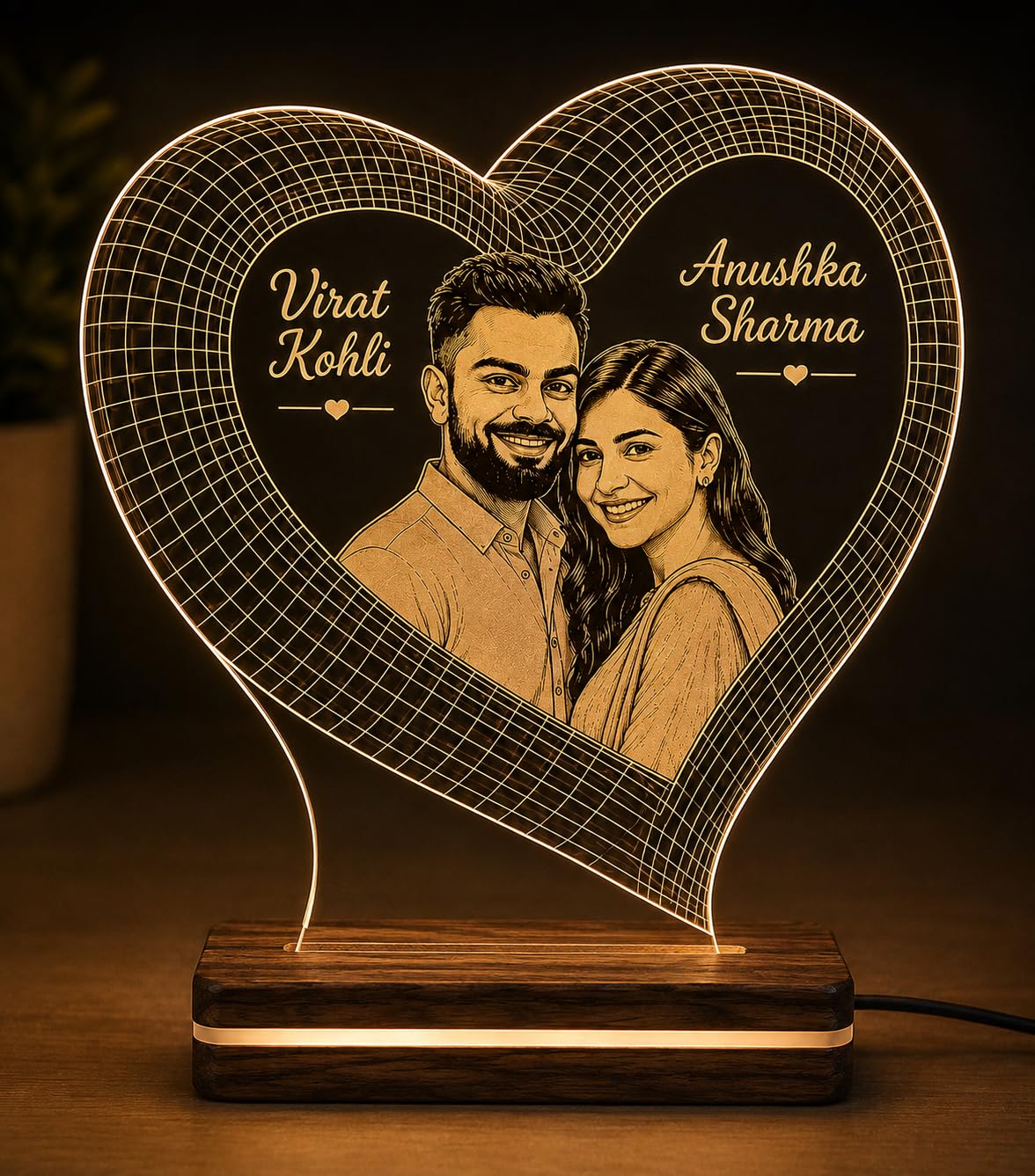 Personalised Acrylic LED Lamp Heart Shape with Wooden Base | Custom Name & Photo, Warm White LED Glow, 3mm Clear Acrylic, 15 x 17 cm Size, 5V DC Adapter Included-image-28