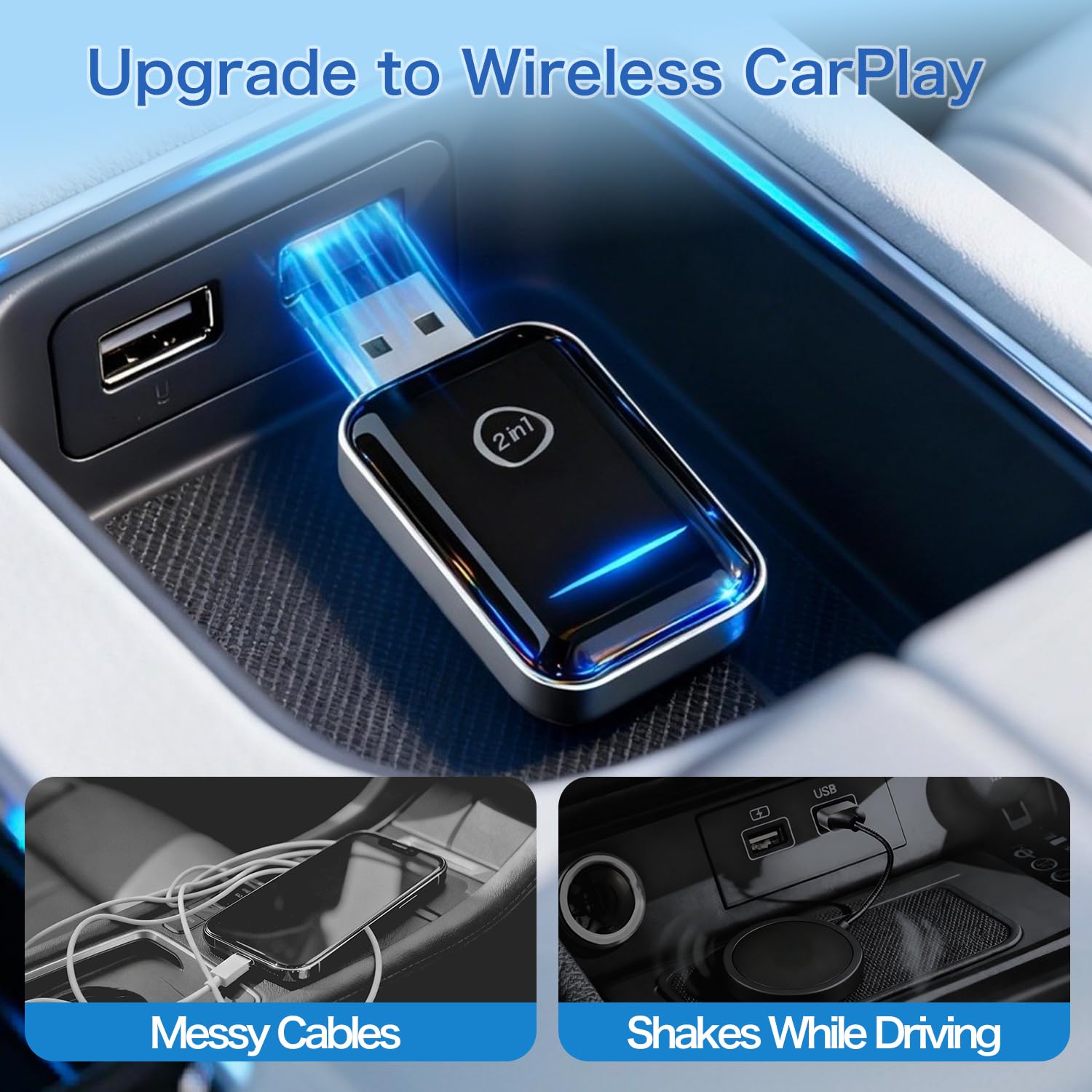 Bezprzewodowy adapter Bluetooth CarPlay do iPhone'a i Android Auto, konwertuje przewodowy na bezprzewodowy, Plug & Play CarPlay Dongle z USB i USB-C/Type-C - kompatybilny z modelami iOS 10+ i