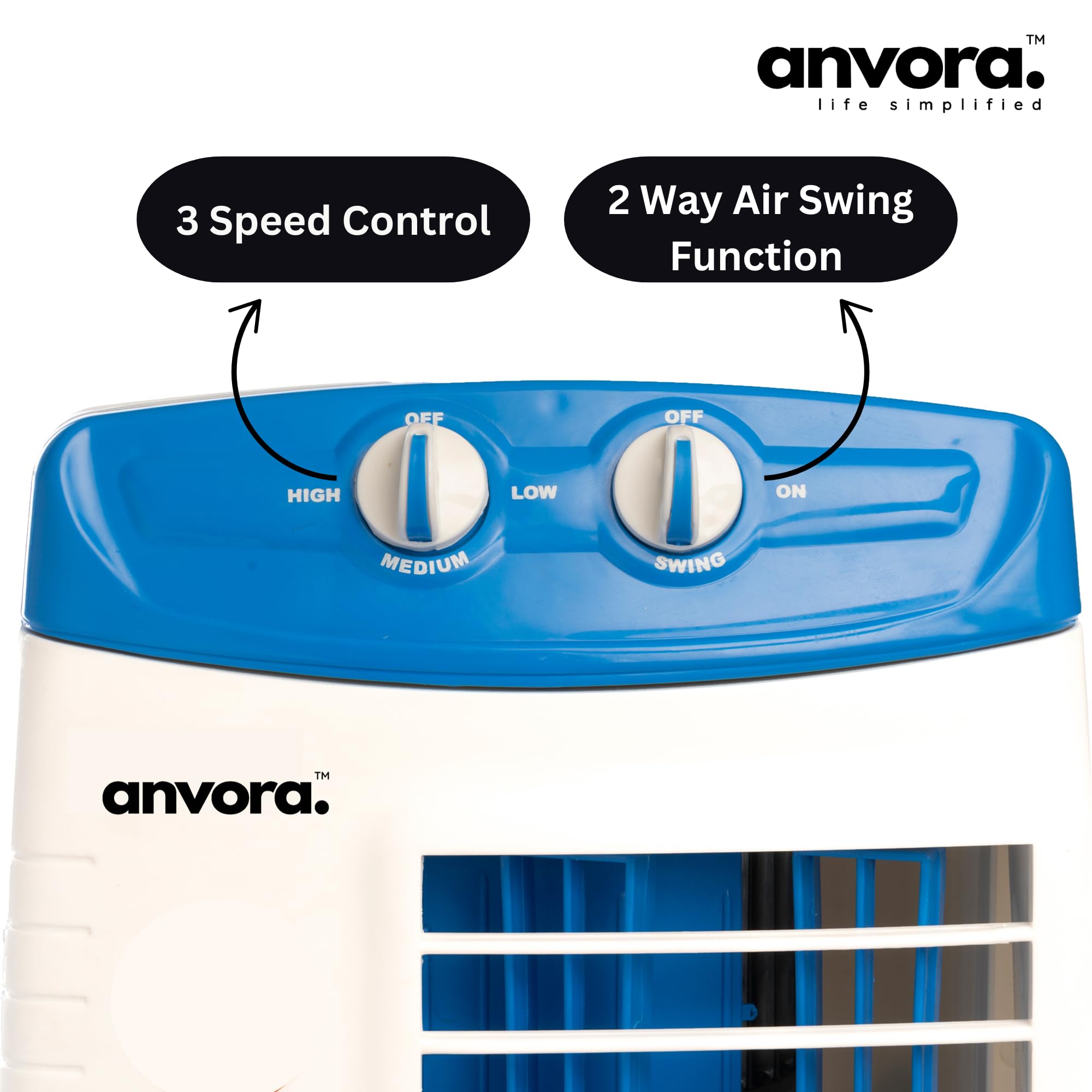 ANVORA Breeze Max Tower Fan | High air throw of 2250 m3/hr | TOP safety and 3 Speed - 2 Way Air Swing | 1 year warranty | Blue White 2