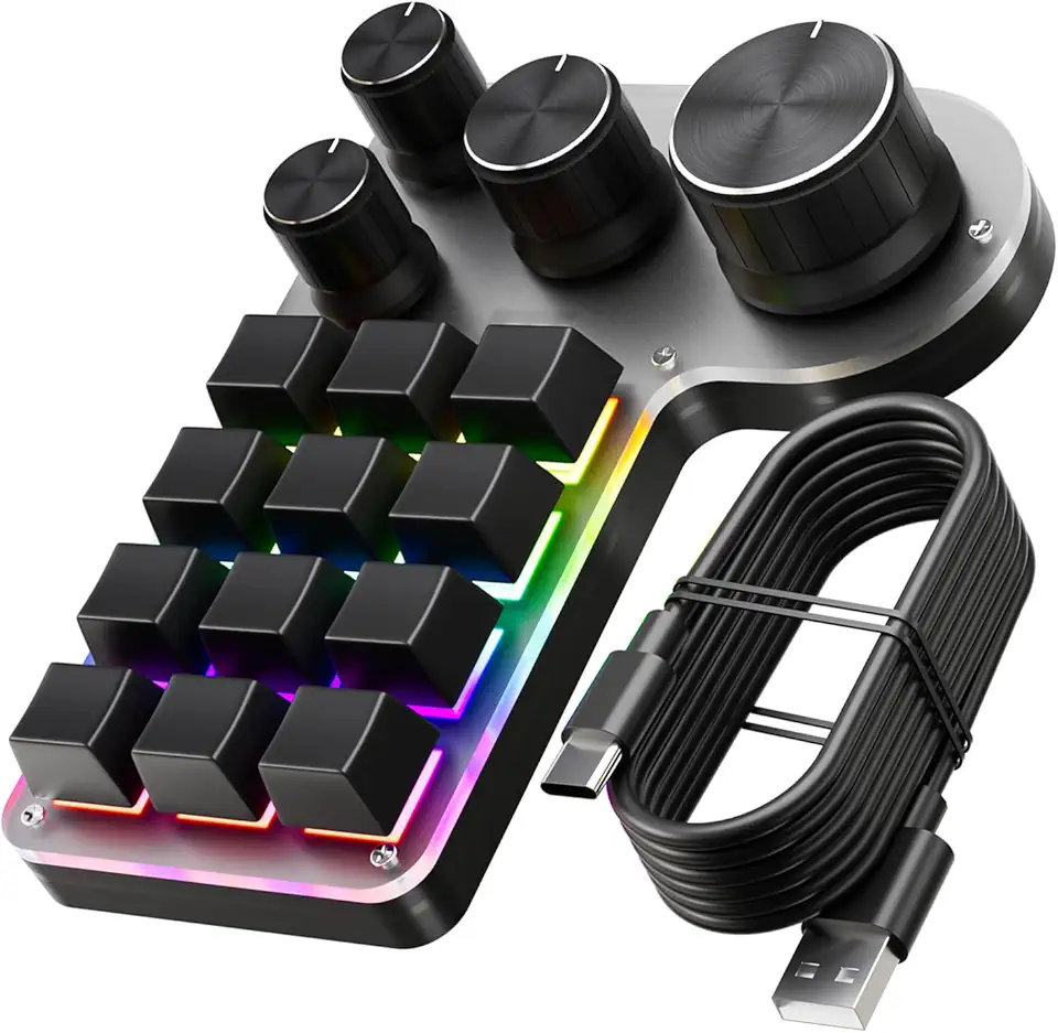 Teclado Macro Programável com 12 Teclas e 4 Botões Rotativos para Jogos Modo Dual USB Fio BT de Atalho Multipropósito Personalizável PC Desktop Escritório Mídia Design Ergonômico Luzes LED Estilosas D