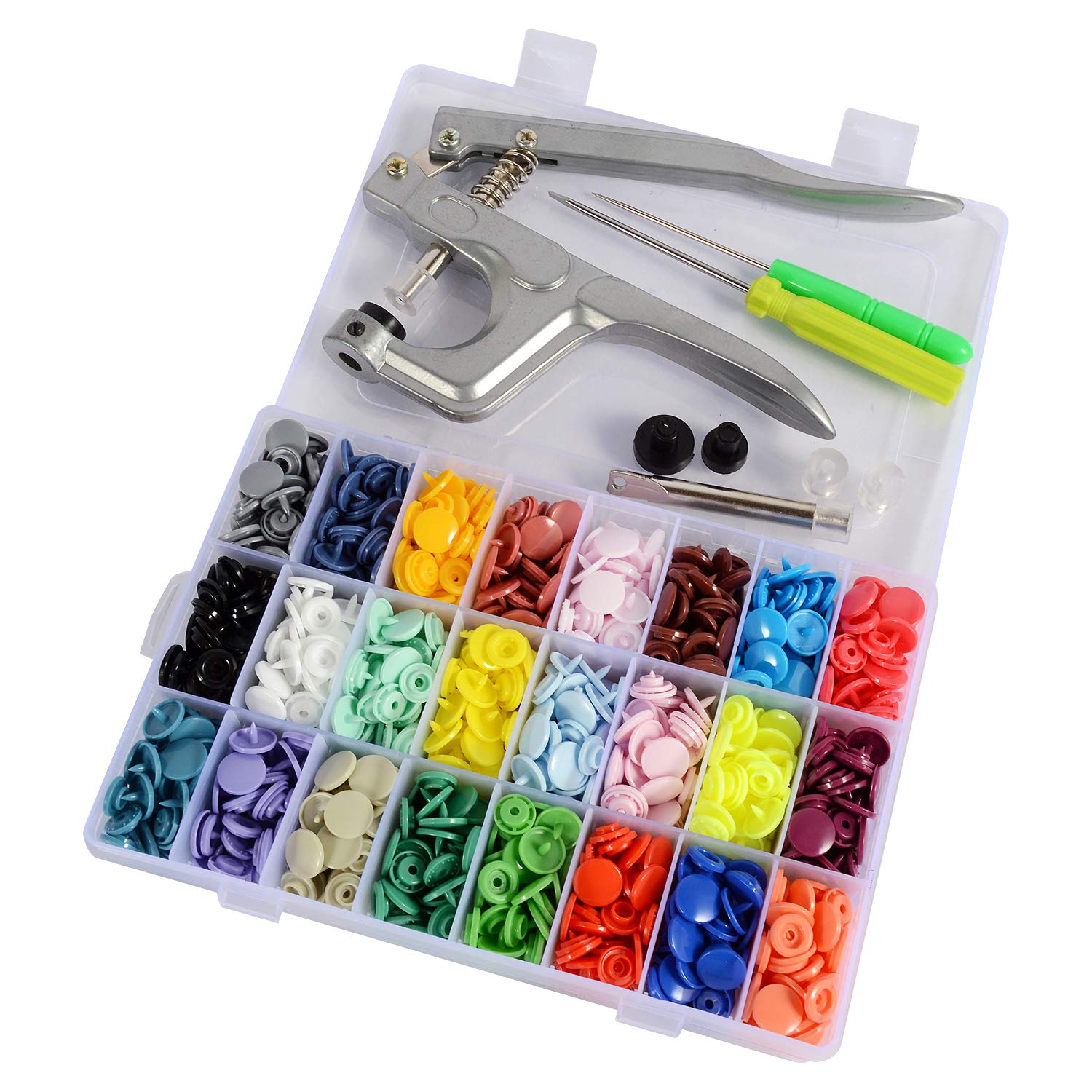 Yunjiadodo Snap Button Set, 360 Snaps with Snaps Pliers, Fasteners Snap Button Studs Snap Sewing Tools (24 Colors, Plier for T3, T5, T8)