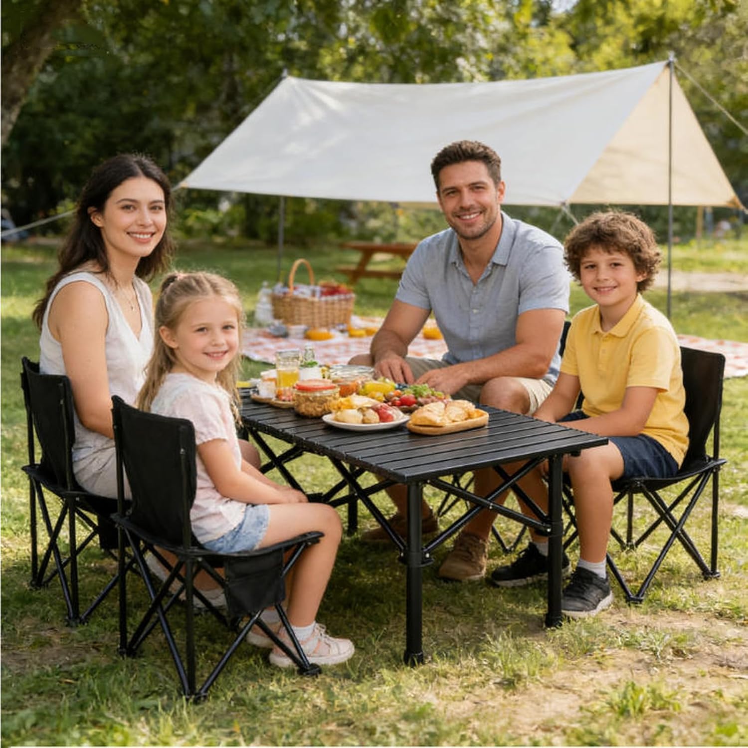 Folding Table and Chairs Set Portable Camping Picnic Set Egg roll Folding Beach Table with Carrying Bag for Outdoor Cooking,Picnic,Beach,Patio (Table+Chair*4PCS, Black)