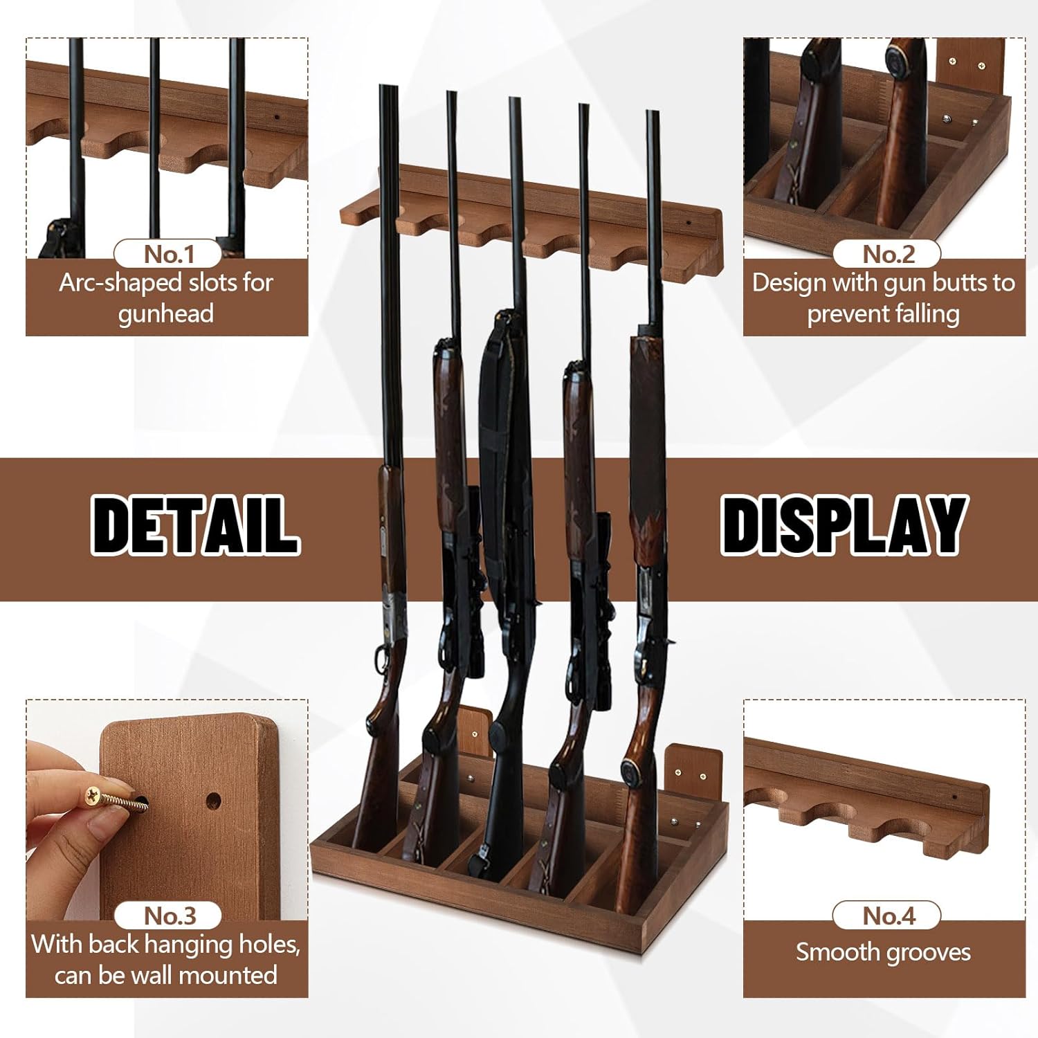 1 Set Wooden Vertical Gun Rack Wall Mount Indoor Hold up to 5 Long Guns Shotguns Rifle Racks Display Holder Stand for Firearms Display Storage Home Accessories Office