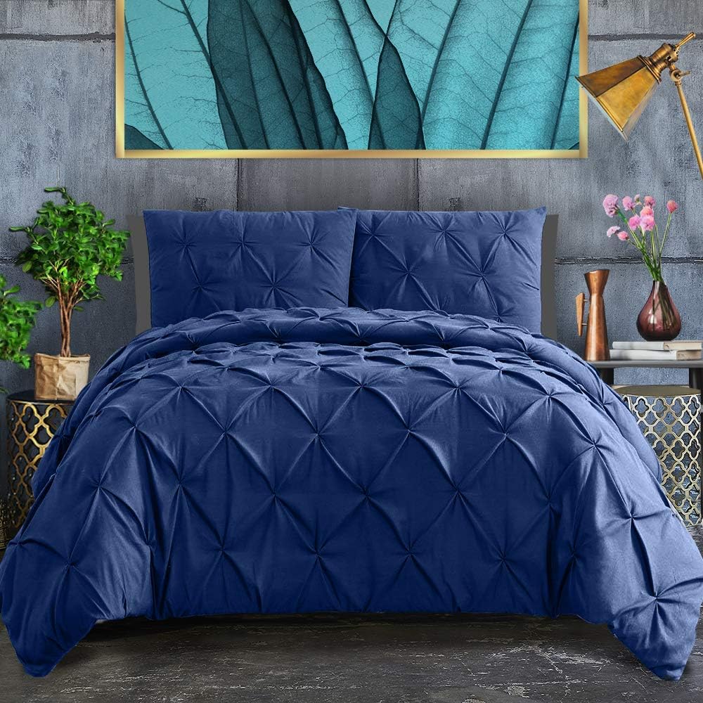 ASHLEYRIVER 3 Piece Blue Queen Duvet Cover Luxurious Pinch Pleated
