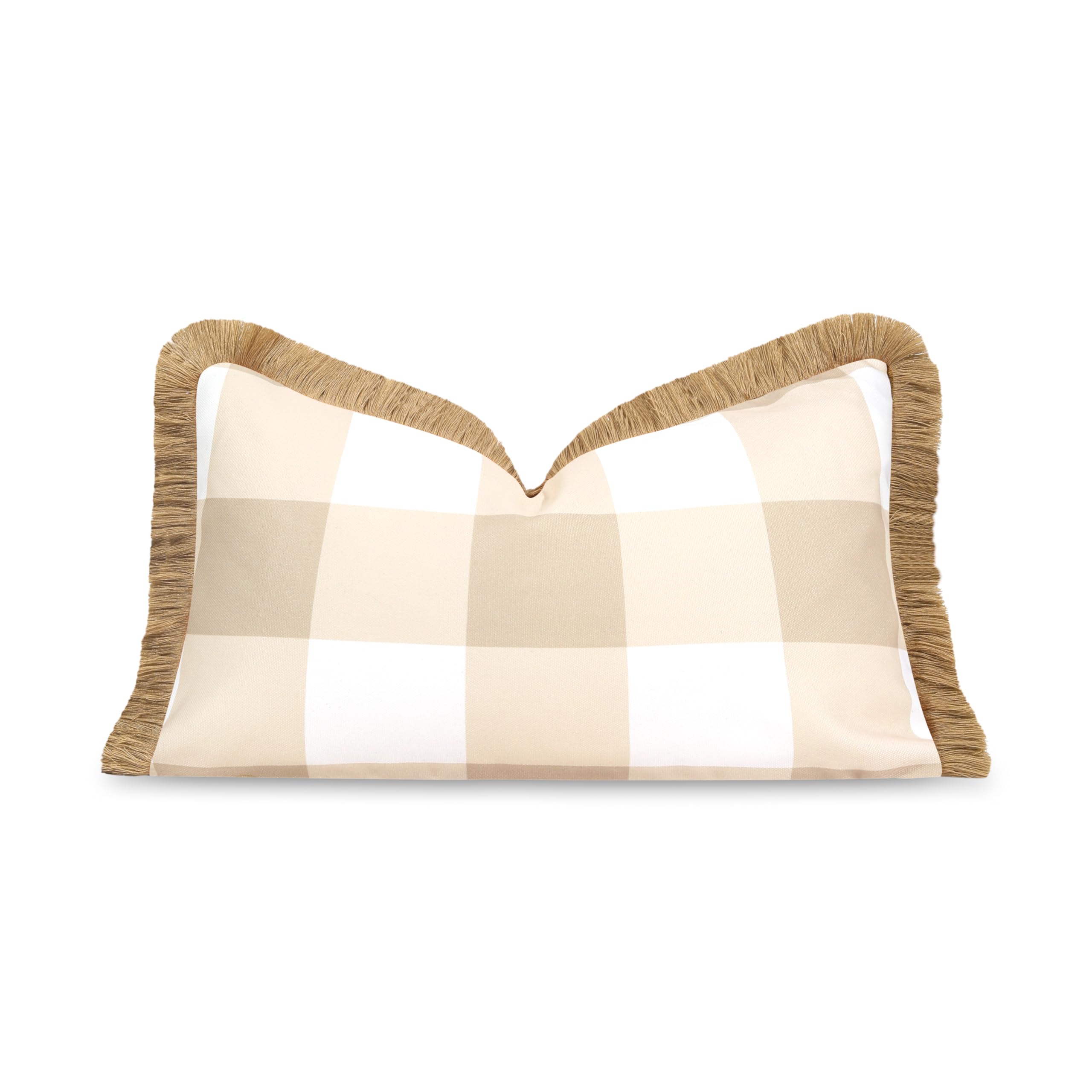 Hofdeco Premium Coastal Patio Indoor Outdoor Lumbar Pillow Cover Only, 12"x20" Water Repellent for Backyard, Couch, Neutral Tan Plaid with Fringe