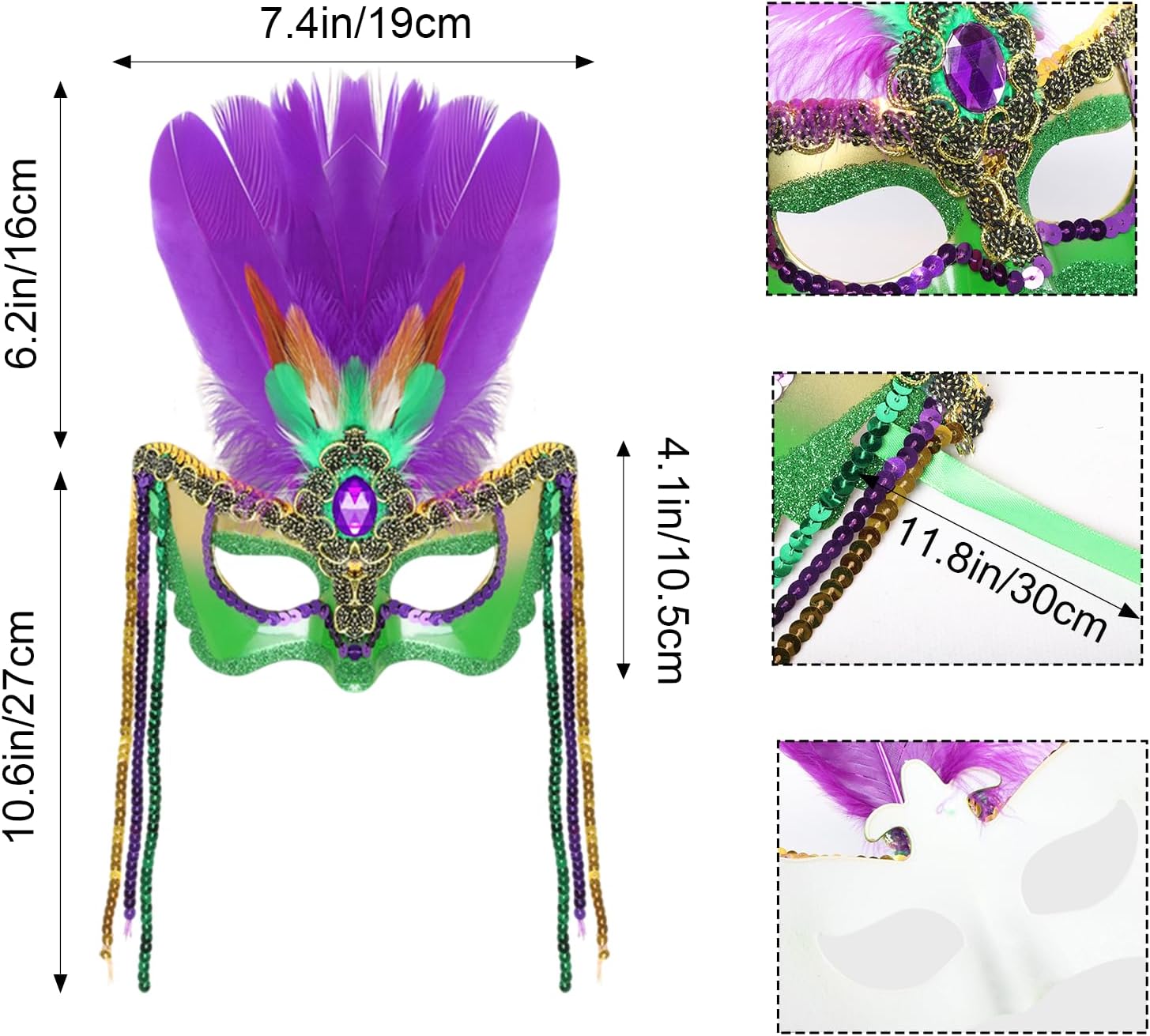 6pcs Mardi Gras Costume Accessories Set for Women Colorful Tutus Skirt Faux Feather Masquerade Mask Striped Thigh High Socks Mardi Gras Bead Necklaces Carnival Party Outfit - Image 2