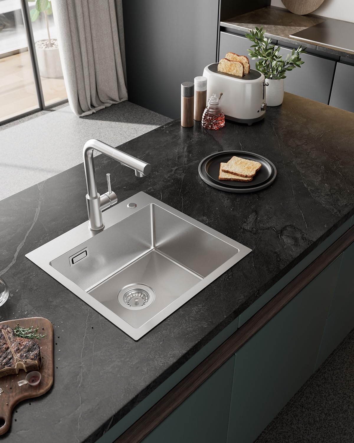 Évier de Cuisine, 45 x 45 cm, Rectangulaire, en Acier Inoxydable 304, avec Siphon, Lavabo de Cuisine, pour Armoires Inférieures à Partir de 45 cm de Large, 1 Evier Encastrable en Acier
