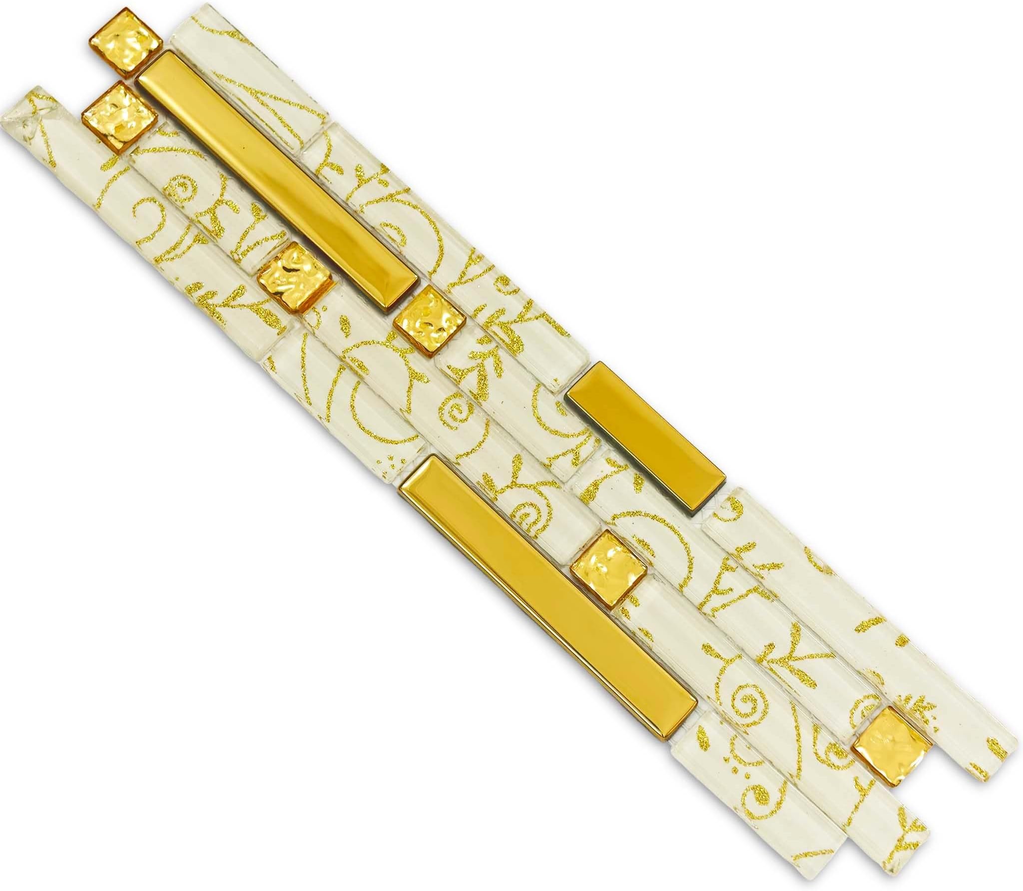 Hominter Luxury Gold Glass Mosaic Tile Linear Interlocking Elegant Floral Pattern with Metallic Accents for Kitchen Backsplash Bathroom Wall and Fireplace Decor (3x12 Sample)