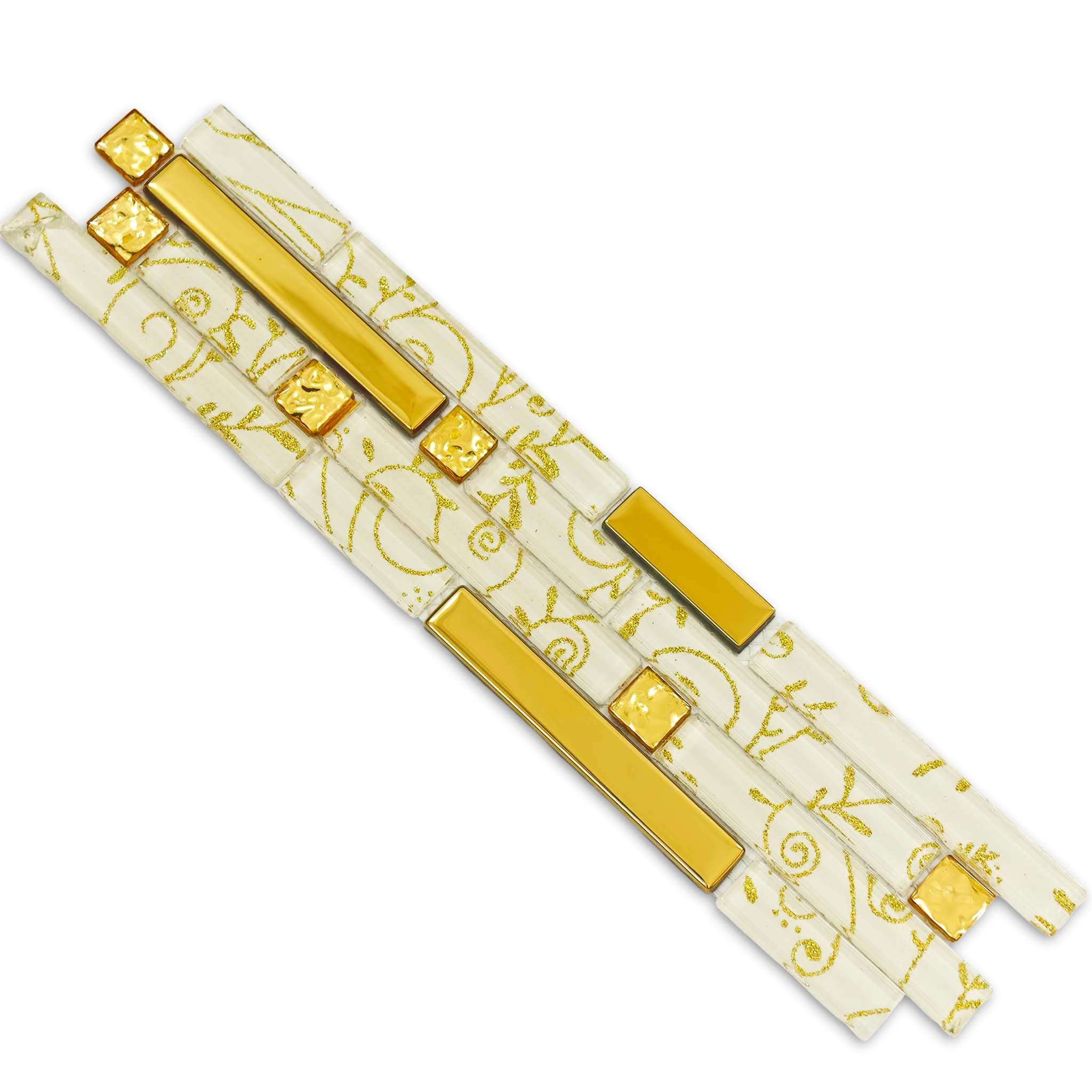 Hominter Luxury Gold Glass Mosaic Tile Linear Interlocking Elegant Floral Pattern with Metallic Accents for Kitchen Backsplash Bathroom Wall and Fireplace Decor (3x12 Sample)