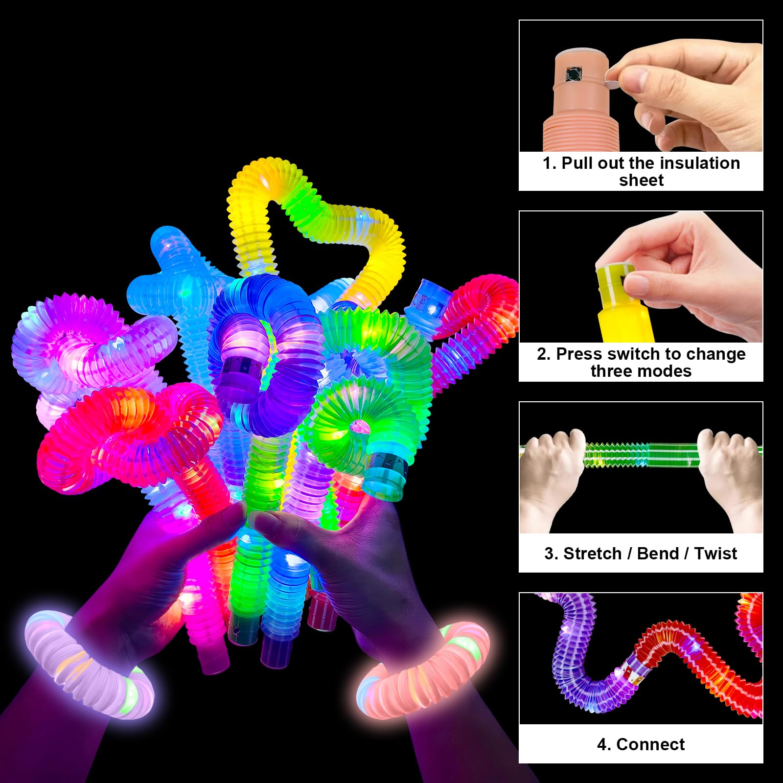 ALEENFOON Light Up Pop Tubes LED Sensory Fidget Toys LED Pop Glow Sticks Glow in the Dark Party Supplies for Christmas Party Decorations 12 Pack Glow Pop Tubes Fidget Toy (C) - Image 4