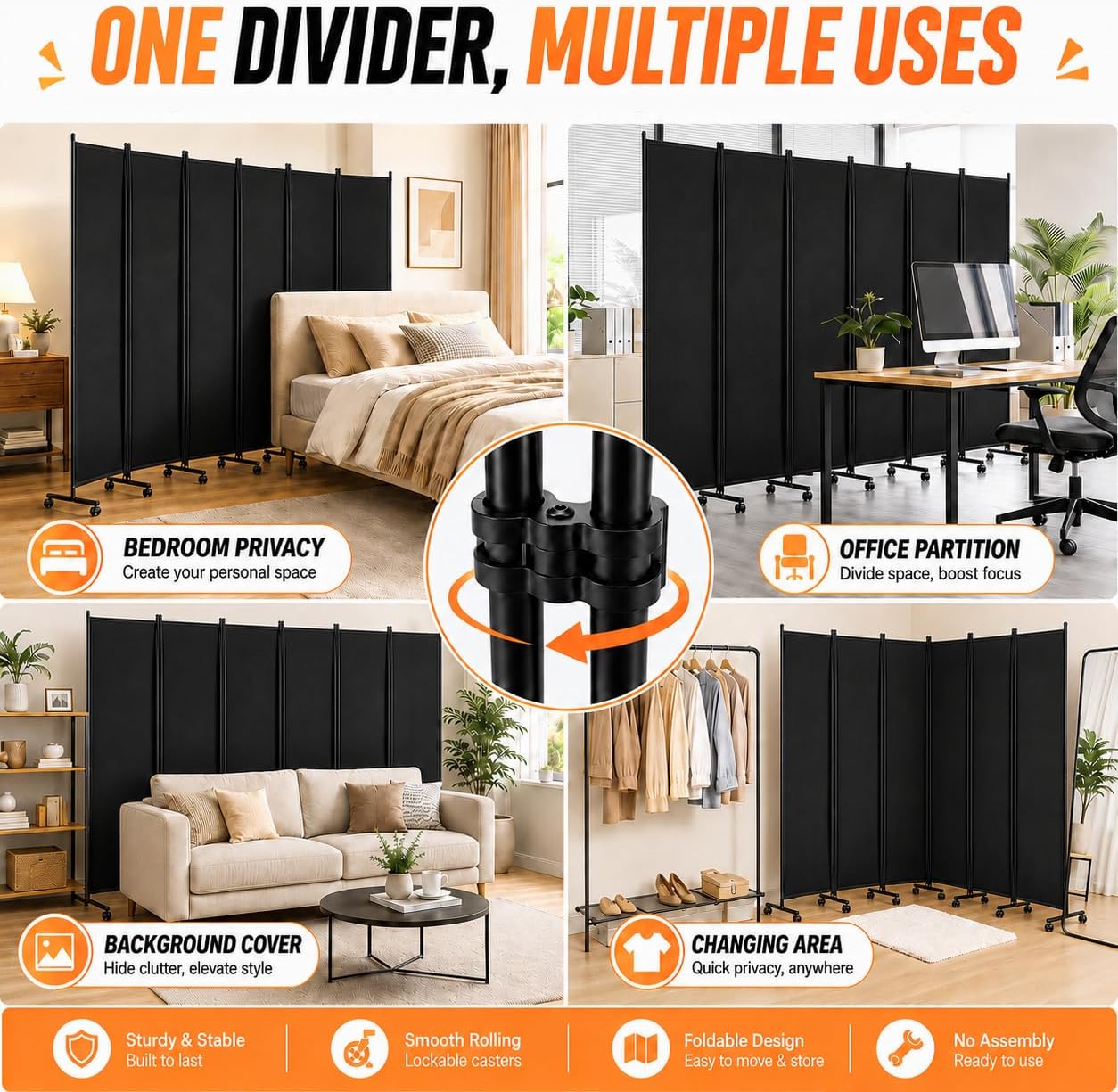 Room Divider, 6-Panel Folding Privacy Screen with Locking Wheels Wide Feet, Portable Portable with Opaque Canvas and Privacy Strips Rolling Partition Wall for Bedroom Office Studio Dorm Living Room