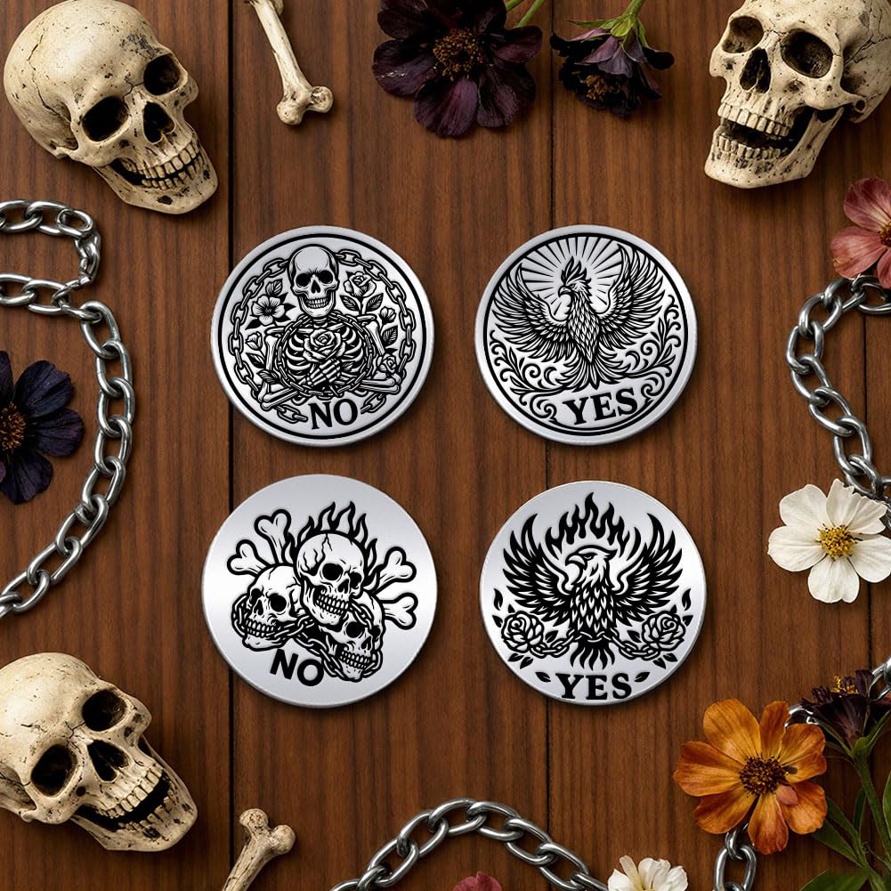 UNICRAFTALE 2Pcs 2 Styles Yes No Challenge Coin Phoenix and Skull Coins Stainless Steel Double Sided Chains and Flames Decision Coins Metal Decision Maker Commemorative Coin Gifts for Men Women - Image 2