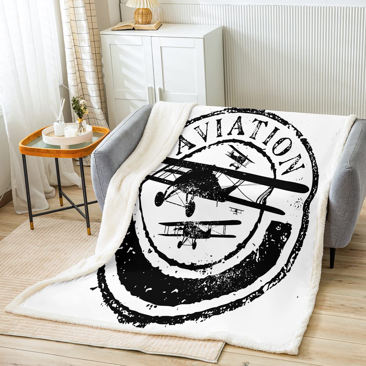 Coperta in pile Sherpa per bambini per bambini, per divano letto, divano e bambino, stampa aereo, coperta in microfibra, decorazione da viaggio in bianco e nero, per camera da letto, regina 200 x 200