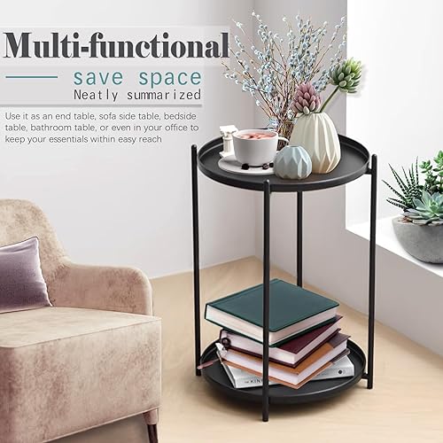 Miniatura 6 de Mesa auxiliar redonda, mesa redonda pequeña de 2 niveles, mesa auxiliar redonda, mesa auxiliar para guardería, con bandeja extraíble, para