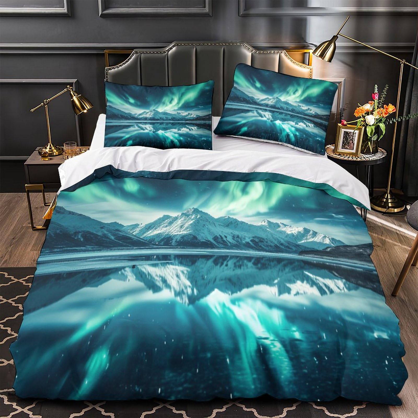 Stampato in 3D Aurora norvegese Copertina Stampata Microfibra Disegnata Biancheria Da Letto Ipoallergenico Con 2 Federe,Double（200x200cm）, Per Adolescenti E Adulti