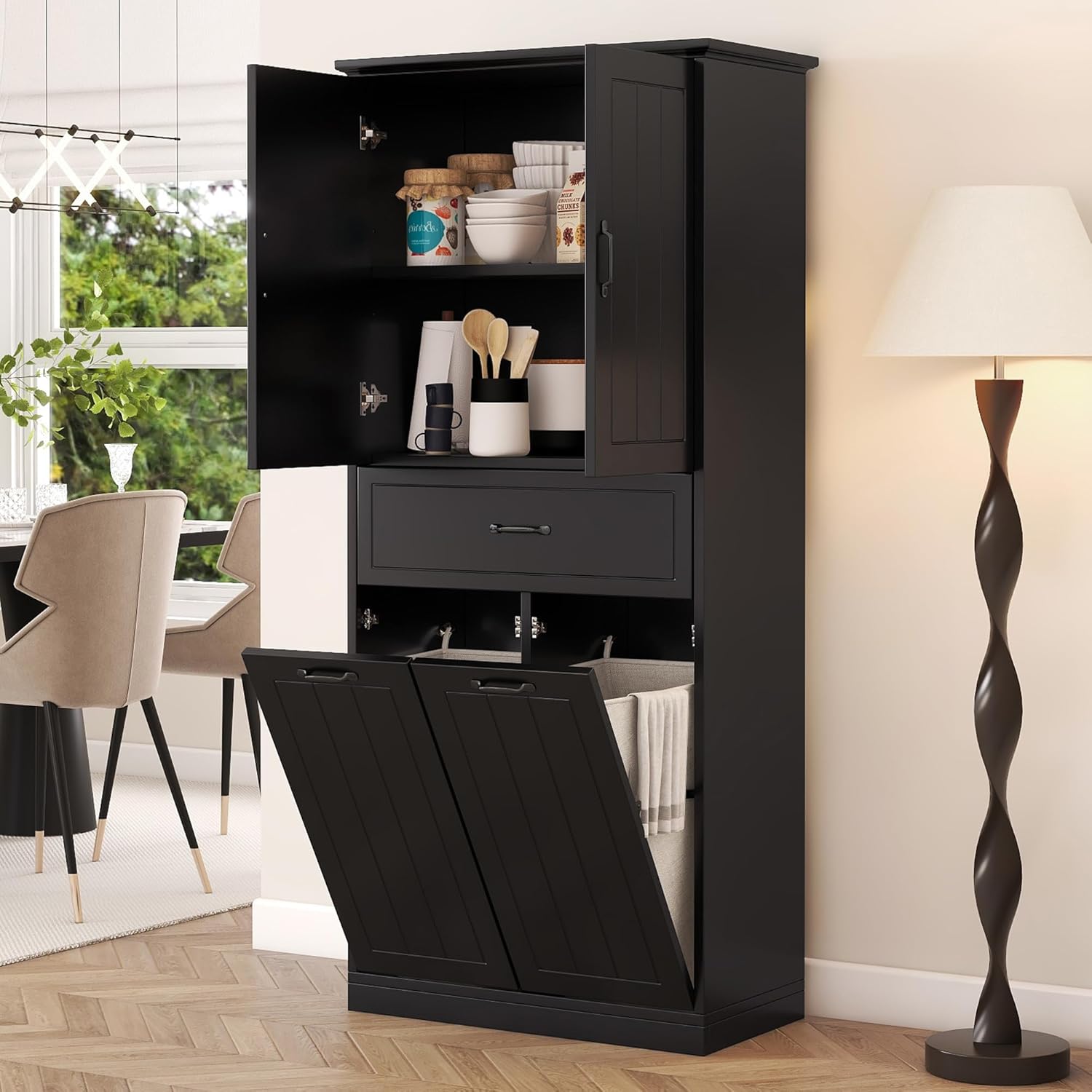 Christopher Knight Home 65.8" Tall Storage Cabinet, Modern Freestanding Large Cupboard with Drawer and Two Laundry Hampers, Bathroom Cabinet with Adjustable Shelf, Black