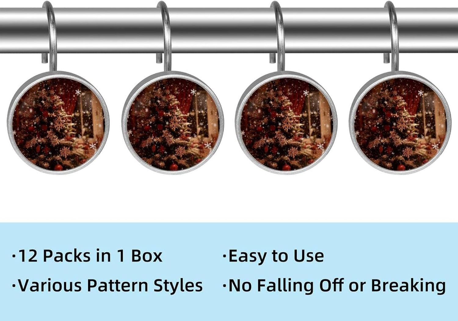 Set of 12 Shower Curtain Hooks, Shower Curtain Rings Crystal Glass Decorative Bathroom Hook, Christmas Tree Red Snowflakes (7)