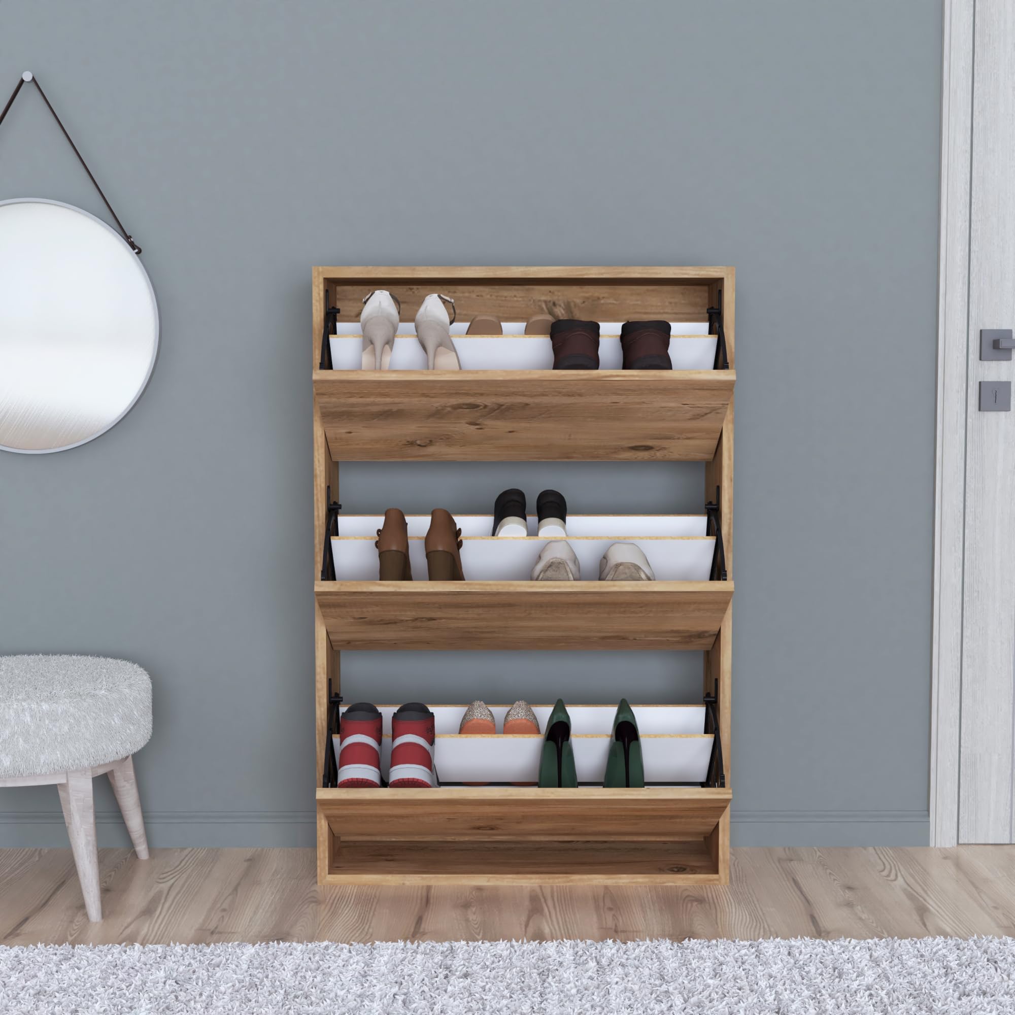 [en.casa] Zapatero para Pisos Pequeños Mueble Recibidor 3 Puertas Abatibles Capacidad máx. 18 Pares de Calzados Aglomerado 110 x 74 x 24 cm - Efecto Roble