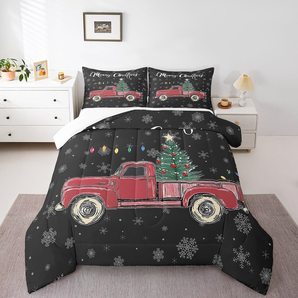 Castle Fairy Merry Christmas Theme Kids Comforter Set Full,Xmas Tree Red Truck Snowflake Watercolor Graffiti Print Bedding Set for Boys Girls Teens Bedrrom Decor,Farmhouse Vintage Rustic Quilt 3 Pcs