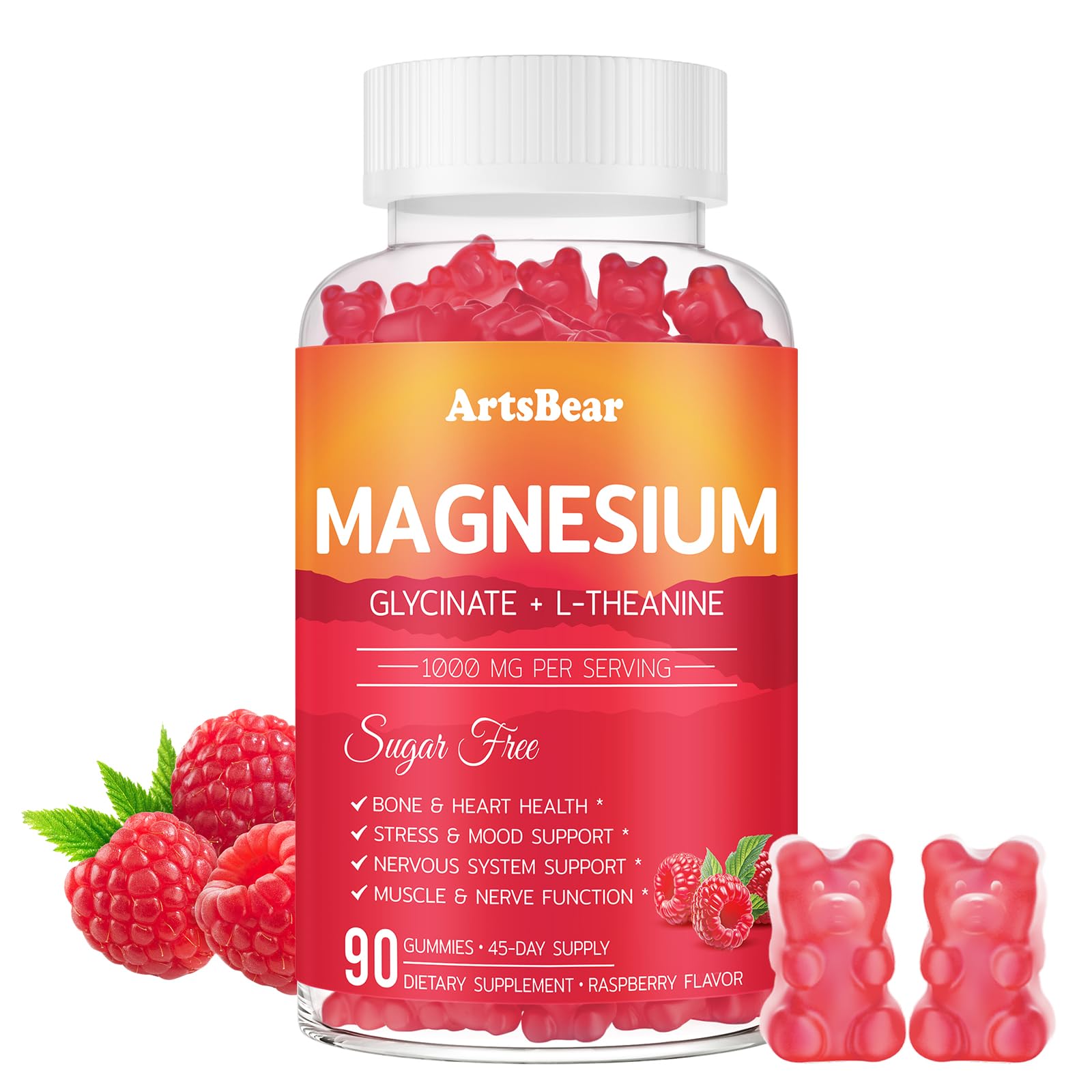 Magnesium Glycinate Gummies 1000mg Complex, Sugar Free Magnesium Supplement with Magnesium L-Threonate, L-Theanine, Taurine, CoQ10, D3 K2, Calcium & Potassium, Raspberry Flavor, 90 Count Strawberry 90 Count (Pack of 1)