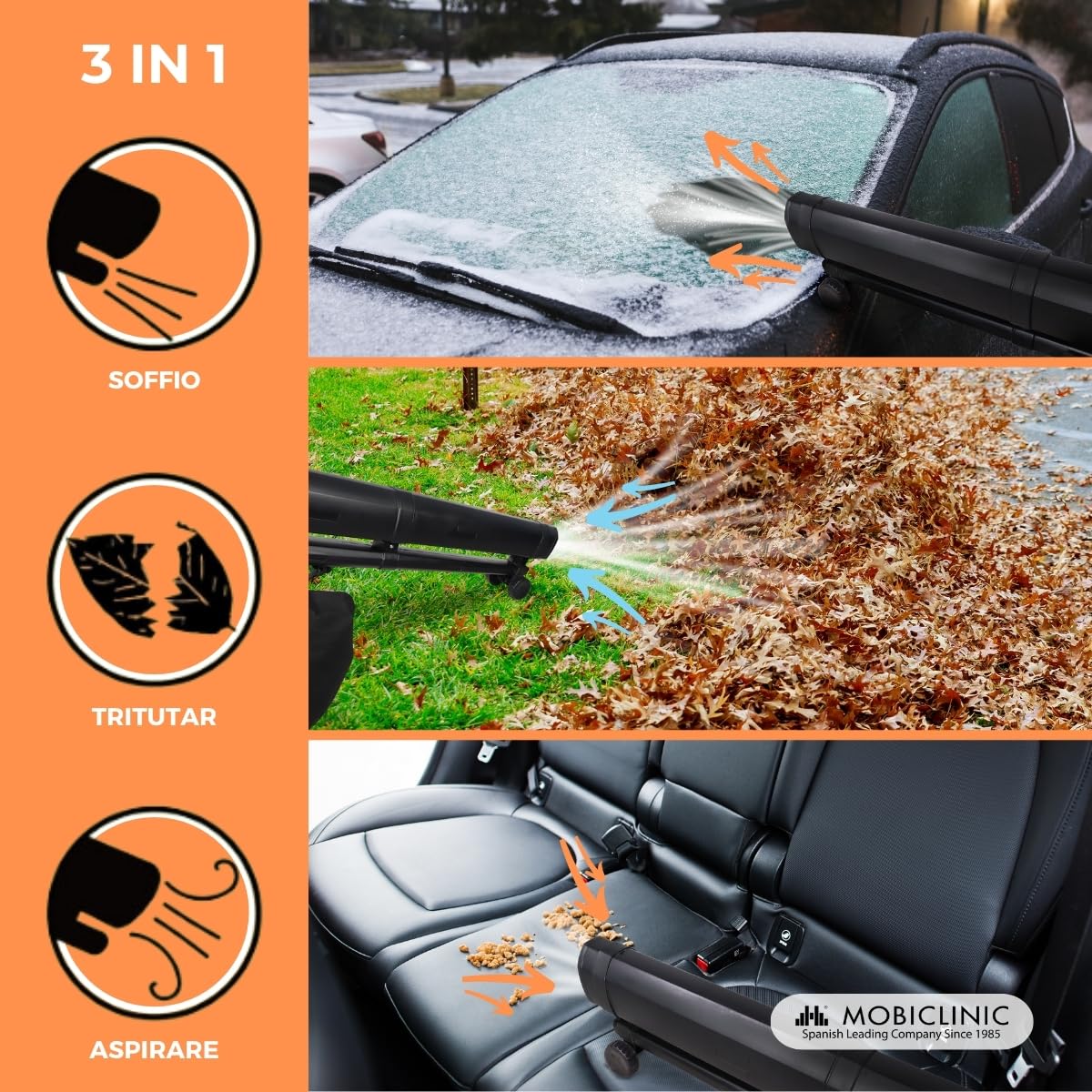 Mobiclinic®, Soffiatore, Aspiratore Trituratore di Foglie, 900w, 6 Velocità, Mobiclean, 3 in 1, Leggero, 35l, Marchio europeo, Soffiaggio 270 km/h, Per il Giardino, 220v, Tracolla