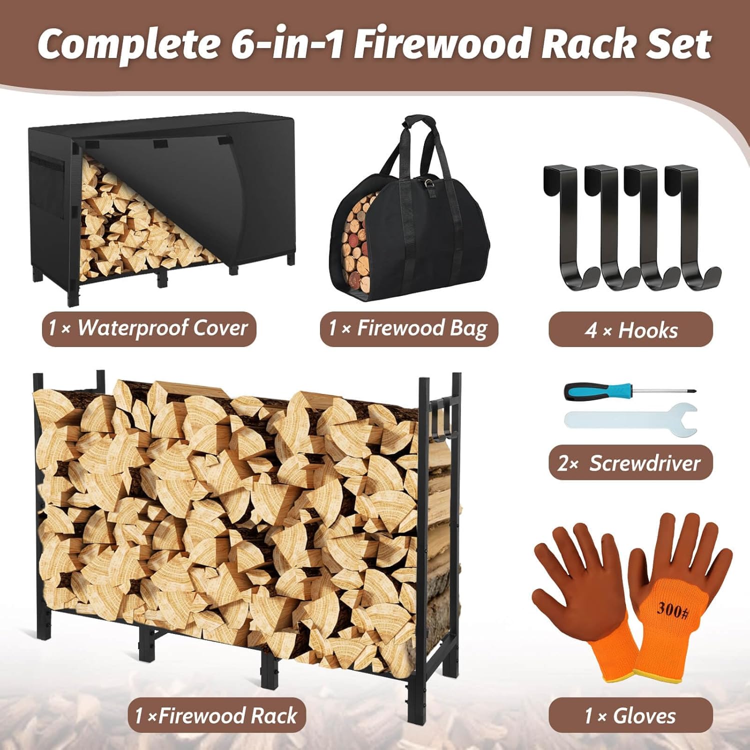 Firewood Rack Outdoor with Cover, 4FT Fire Wood Racks Outdoor with Log Carrier Kindling Hooks, Metal Firewood Holder Log Holders, Wood Storage Holders for Fireplace Deck Indoor