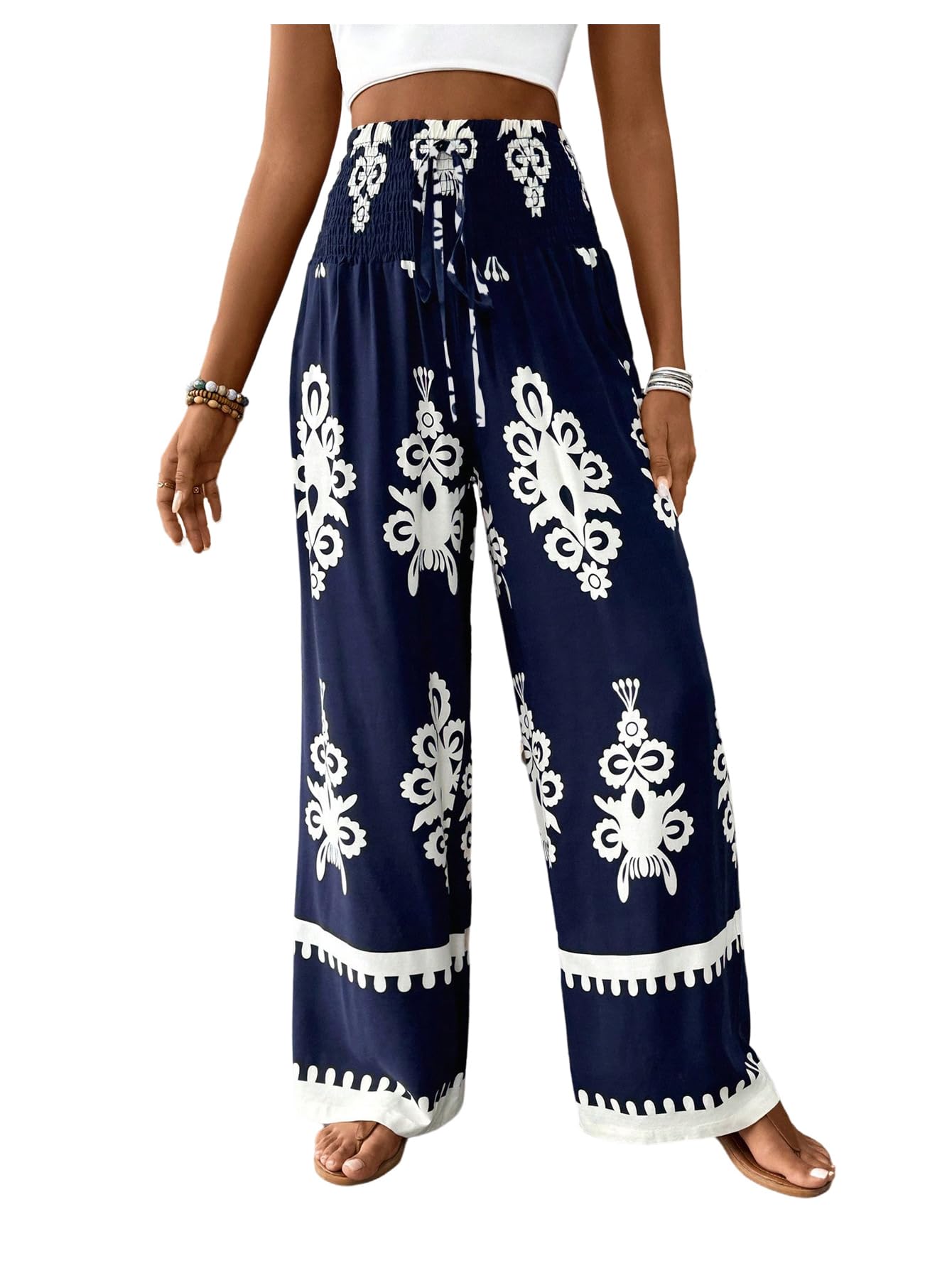 WDIRARA Womens Boho Floral Print Wide Leg Pants Smocked Drawstring High Waisted Trousers