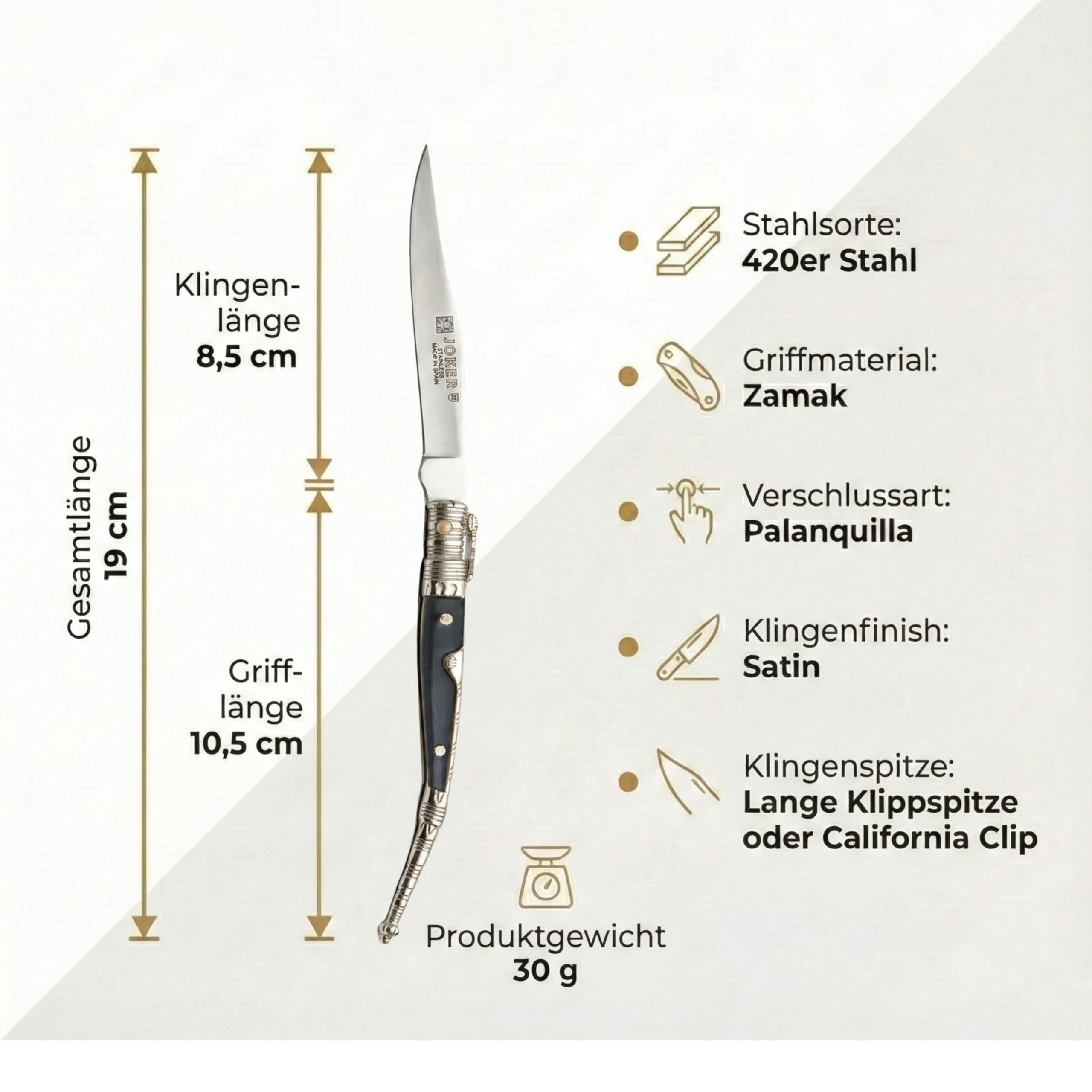 Joker Taschenmesser verziert N107A mit ABS-Griff - Zamak, Klinge 8,5 cm Edelstahl 420, Angelgerät, Jagd, Camping und Wandern