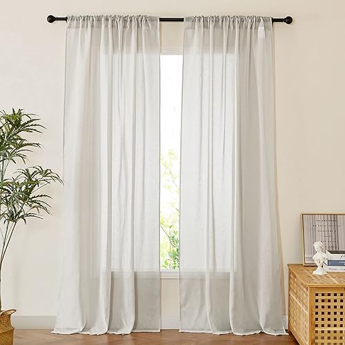 Miniatura 2 de PONY DANCE - Cortinas de lino natural de 90 pulgadas de largo - 2 paneles con bolsillo y lengüeta trasera, cortinas semitraslúcidas con filtro de