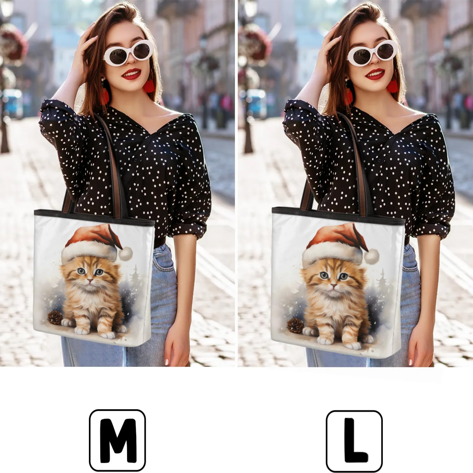 Santa Cat Watercolour Tote Bag Multi Pocket Zippered Beach Bag Lightweight Waterproof Handbag for Women Men Work Gym Travel Swimming Yoga Grocery Shopping M